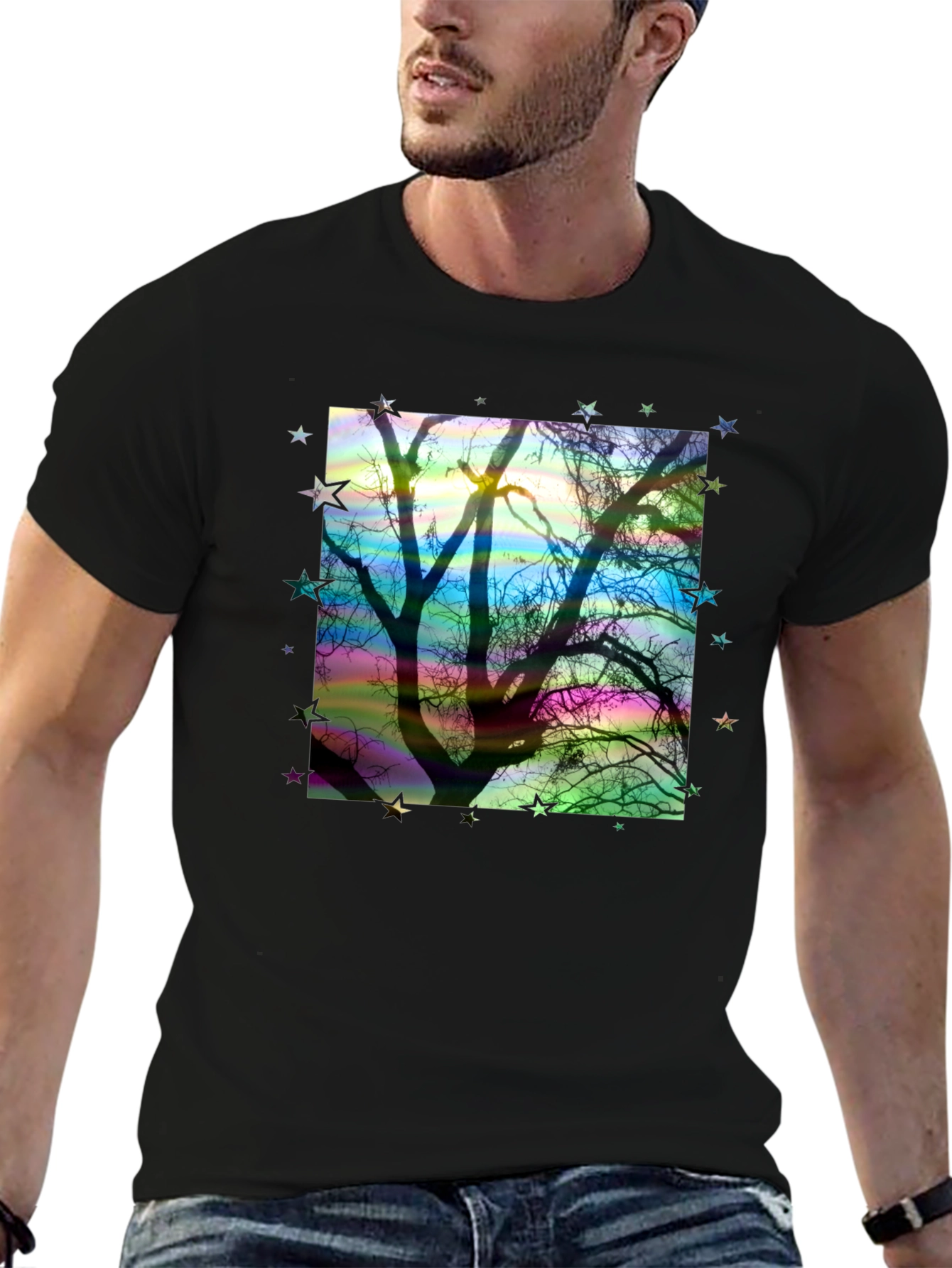 Tree Silhouette Stars Graphic Black T-Shirt