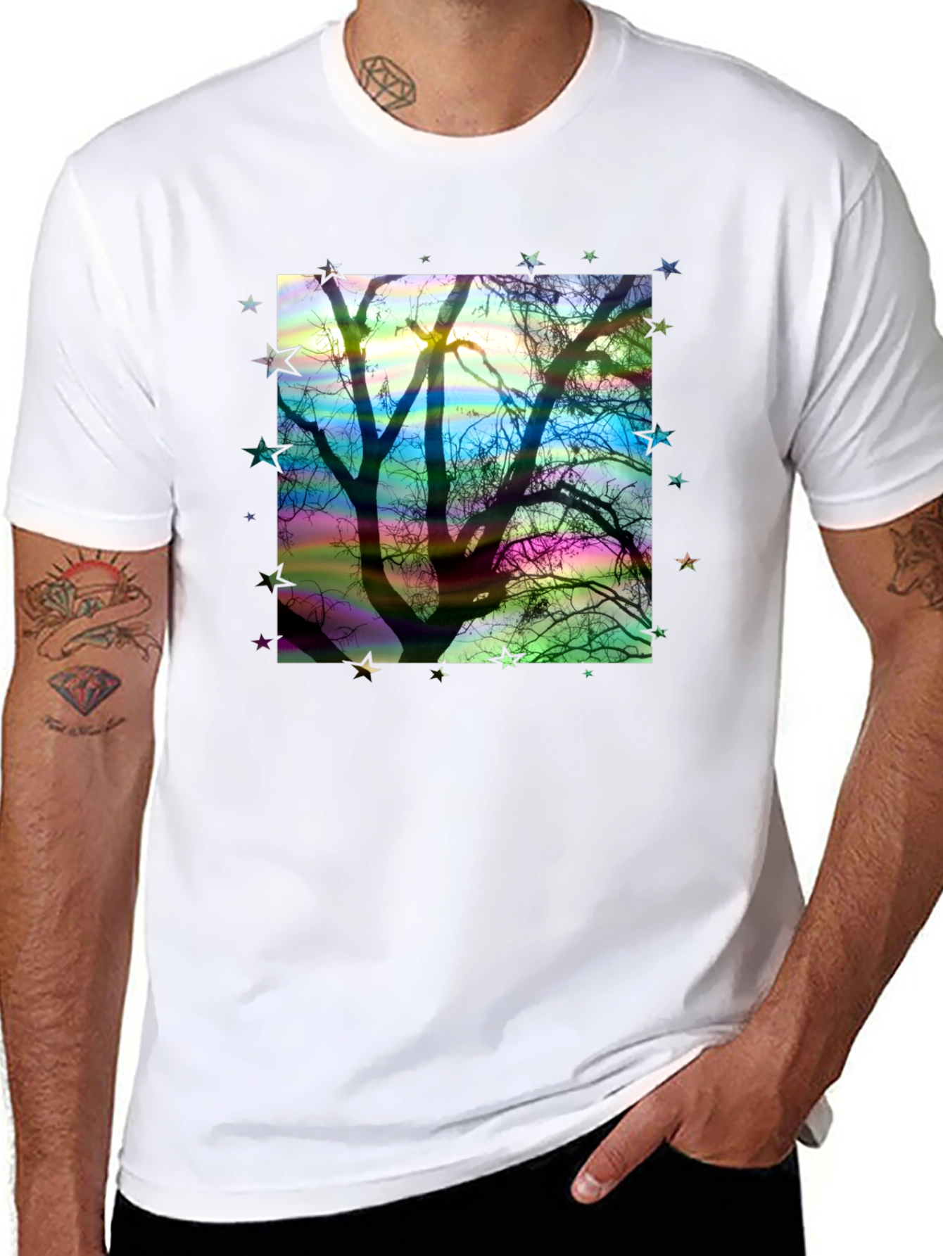 Tree Silhouette Stars Graphic Black T-Shirt