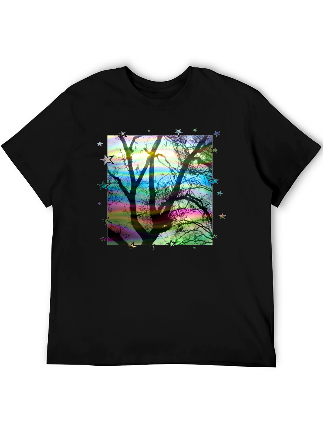 Tree Silhouette Stars Graphic Black T-Shirt