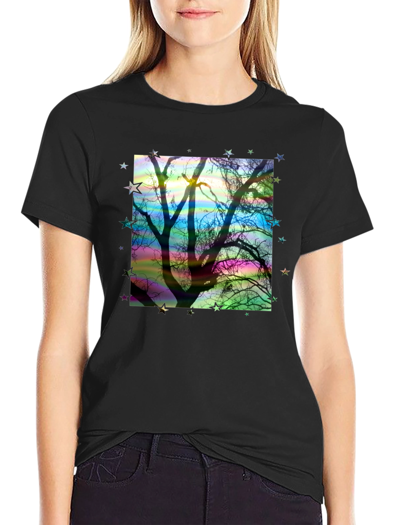 Tree Silhouette Stars Graphic Black T-Shirt