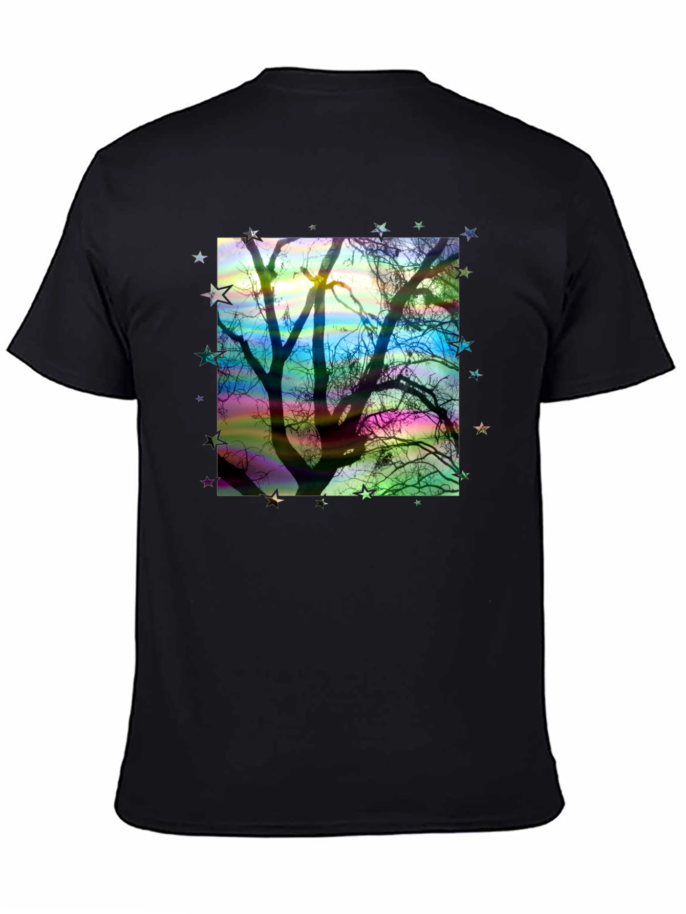 Tree Silhouette Stars Graphic Black T-Shirt