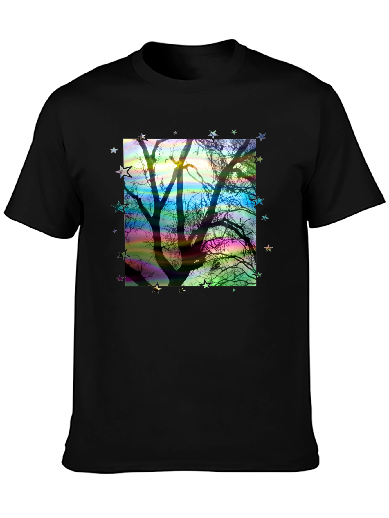 Tree Silhouette Stars Graphic Black T-Shirt
