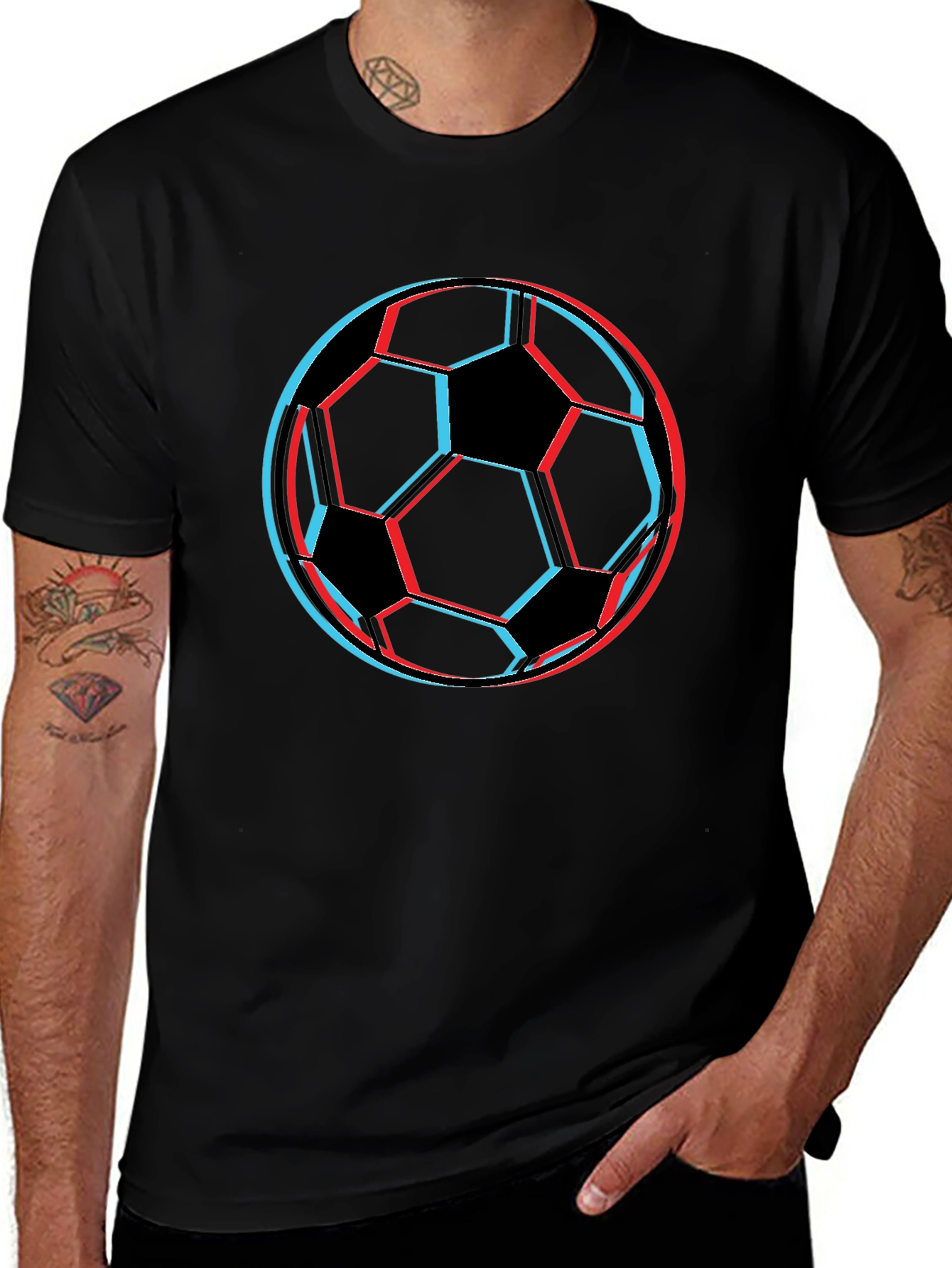3D Soccer Ball Graphic Tee - Black Cotton T-Shirt