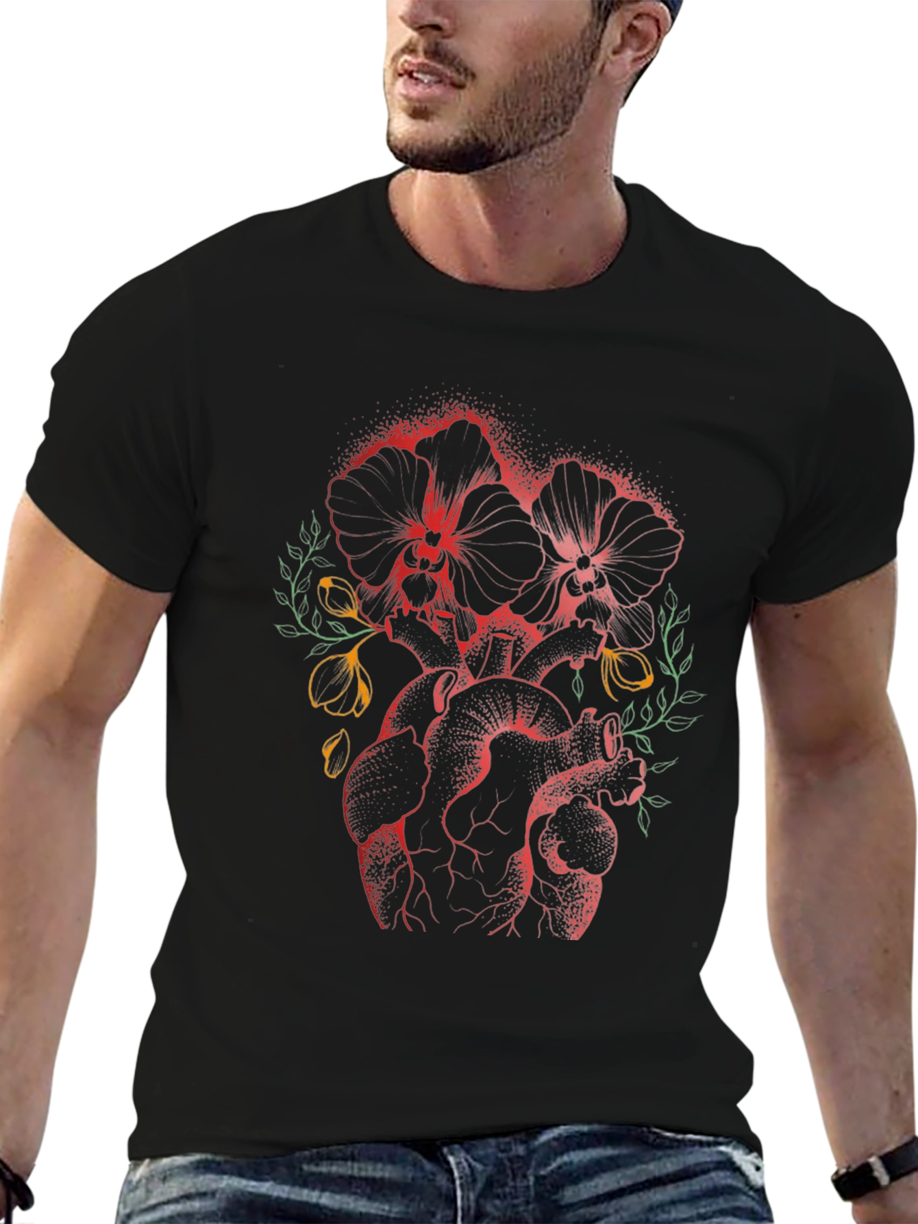 Floral Heart Print Black T-Shirt