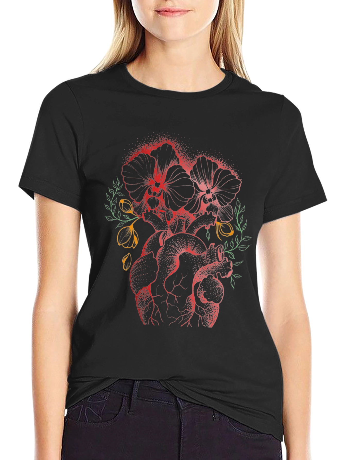 Floral Heart Print Black T-Shirt
