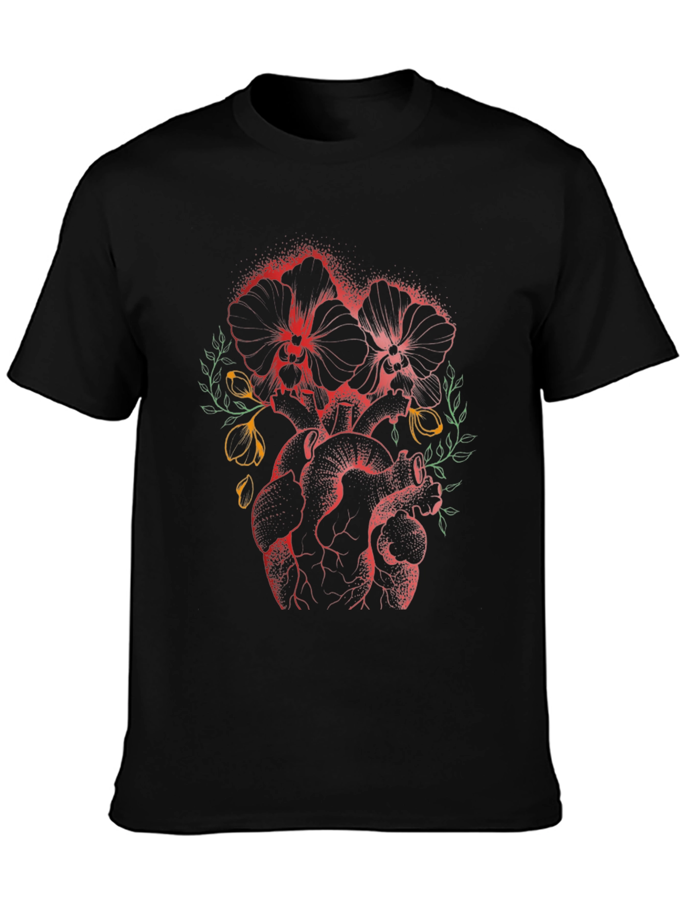 Floral Heart Print Black T-Shirt