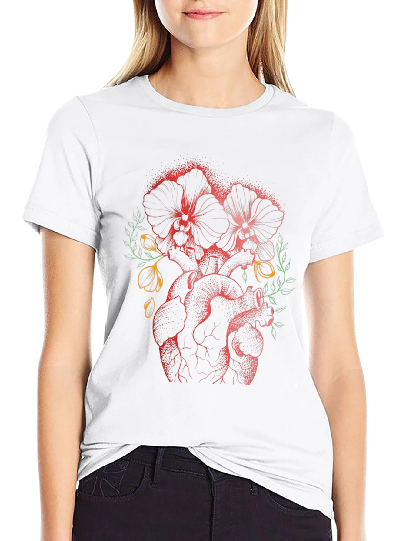 Floral Heart Print Black T-Shirt