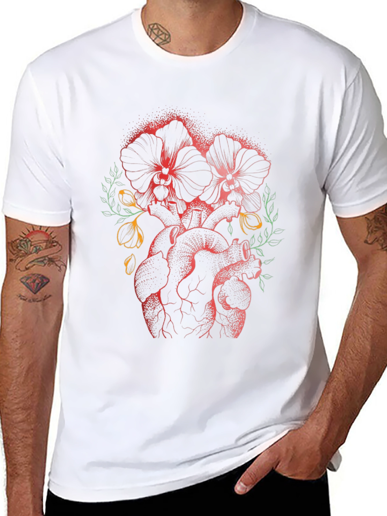 Floral Heart Print Black T-Shirt