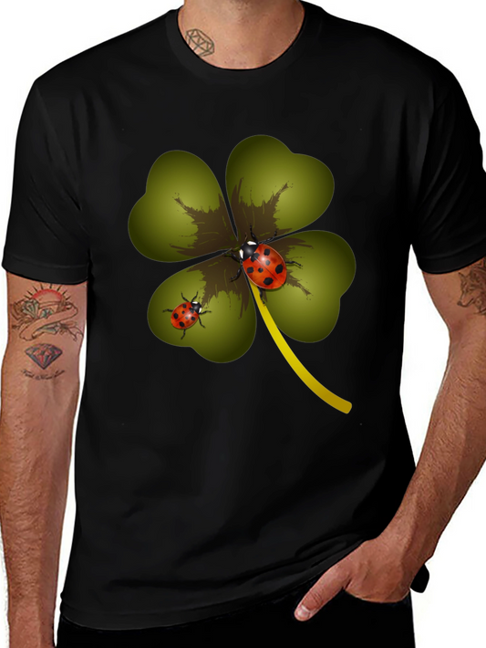 Lucky Clover & Ladybug Graphic Tee - Soft Black Cotton Shirt