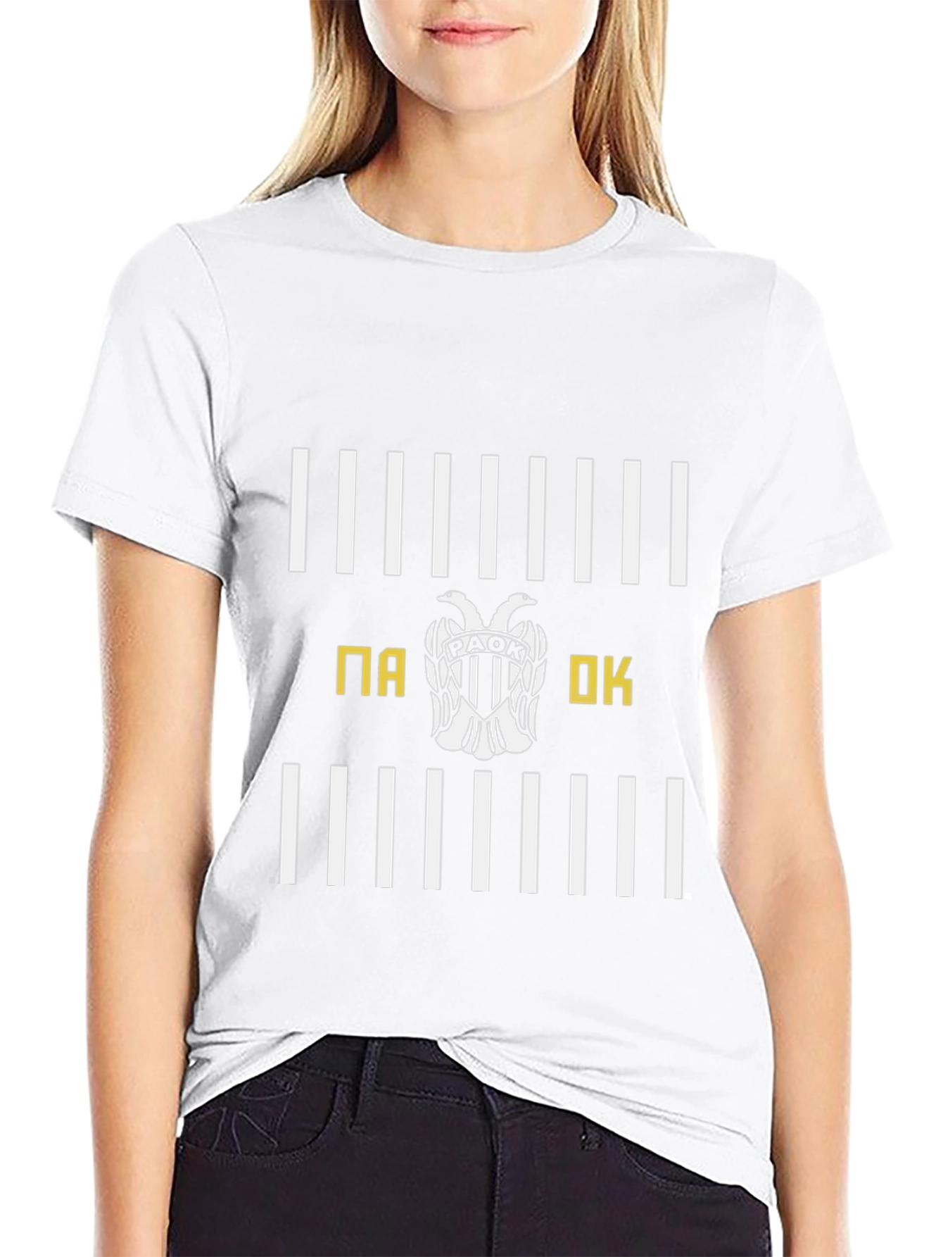 PAOK T-Shirt - Black with White Stripes & Emblem