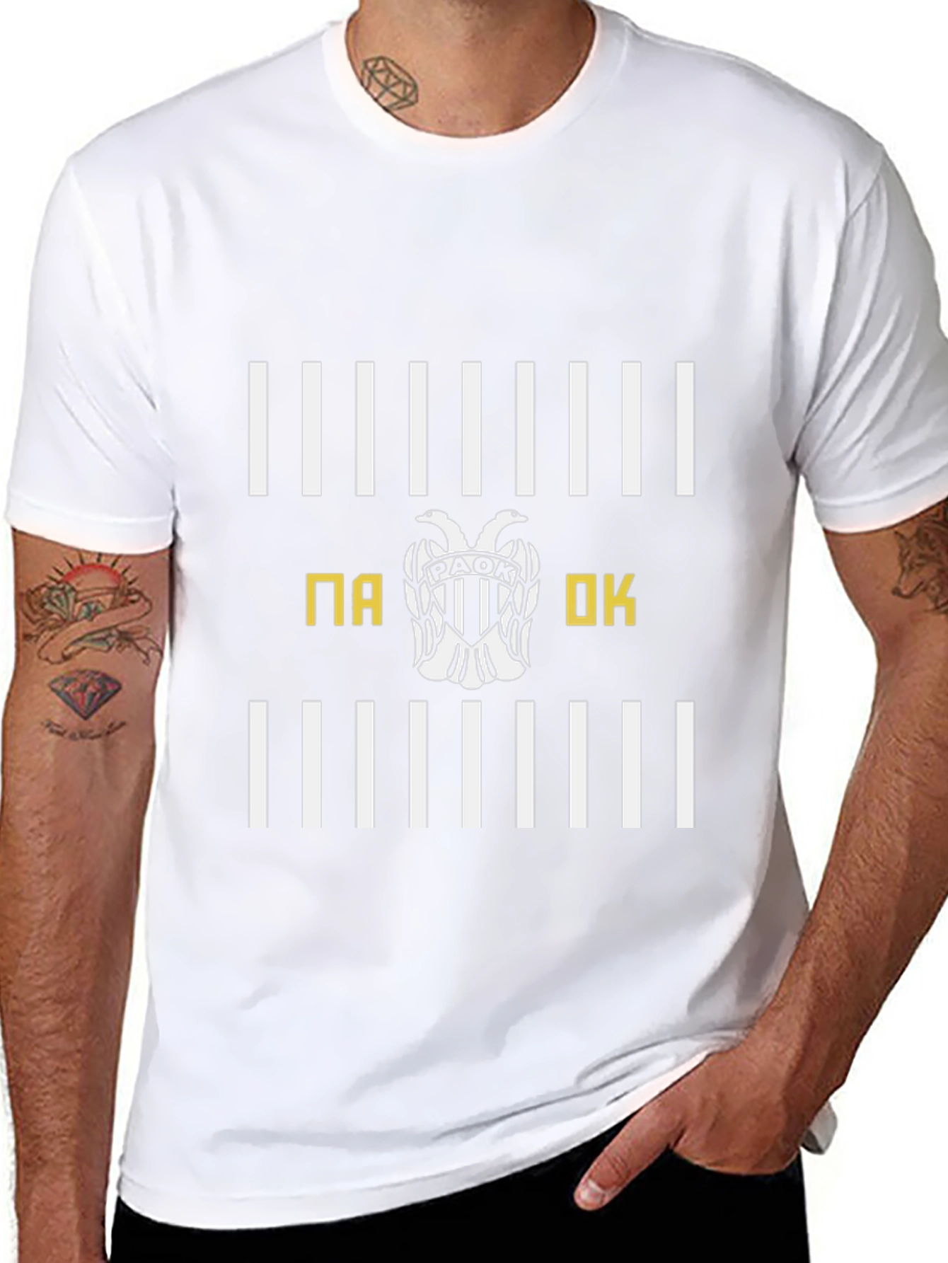 PAOK T-Shirt - Black with White Stripes & Emblem