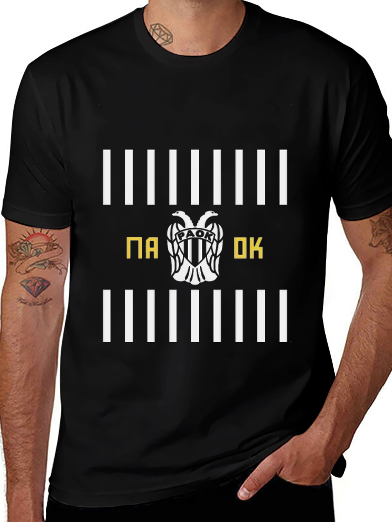 PAOK T-Shirt - Black with White Stripes & Emblem
