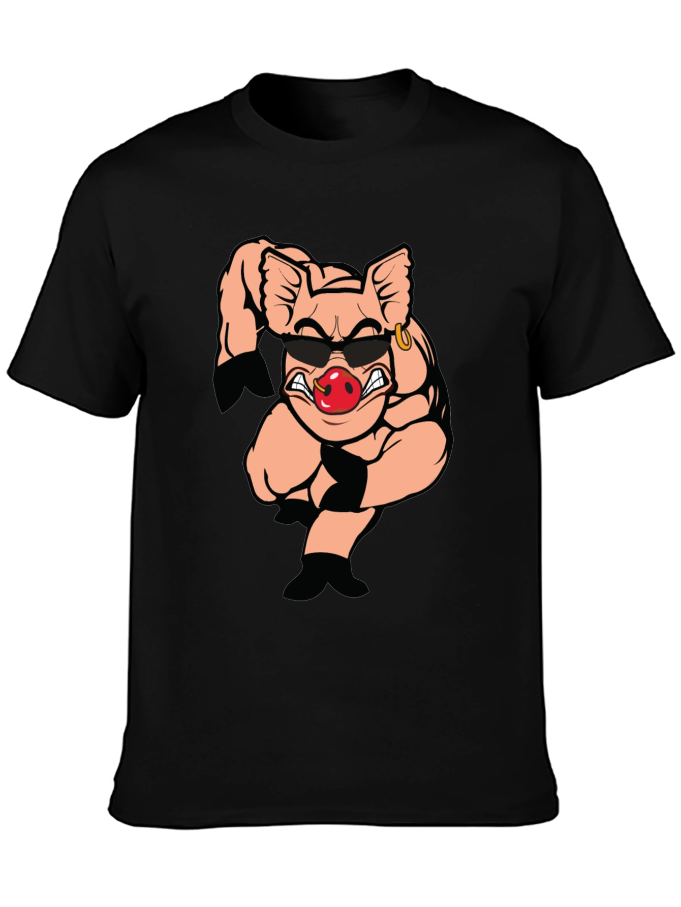 Black T-Shirt with Cartoon Pig Graphic