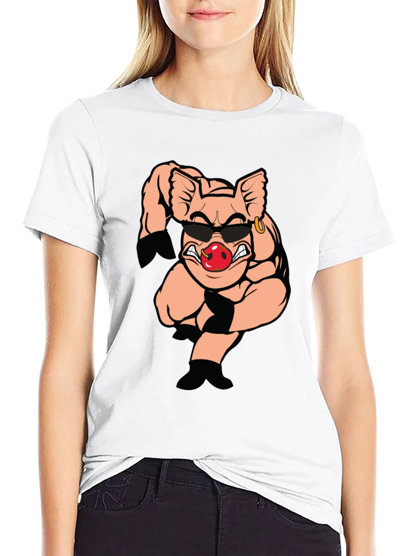 Black T-Shirt with Cartoon Pig Graphic