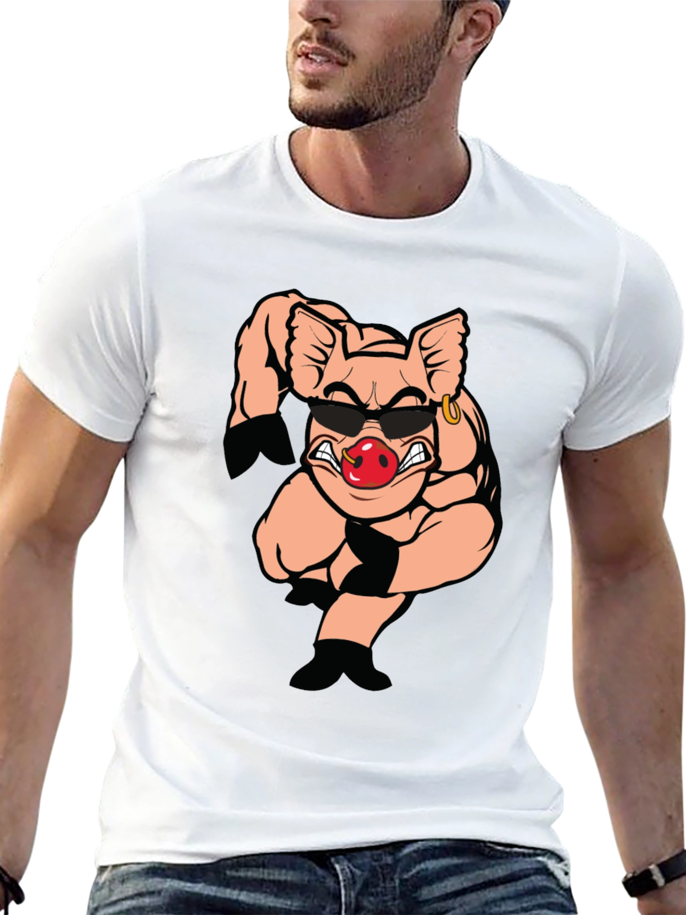 Black T-Shirt with Cartoon Pig Graphic
