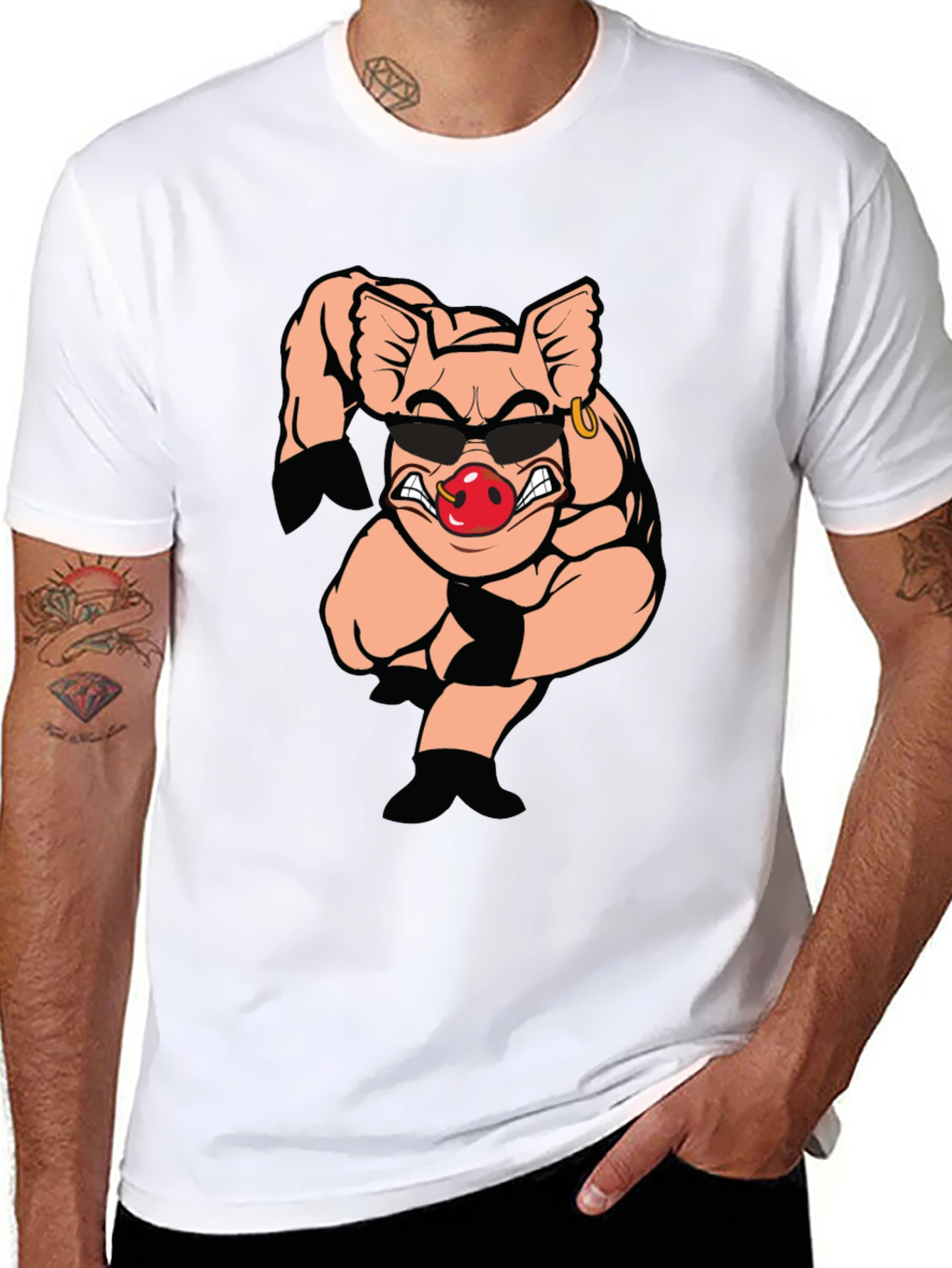 Black T-Shirt with Cartoon Pig Graphic