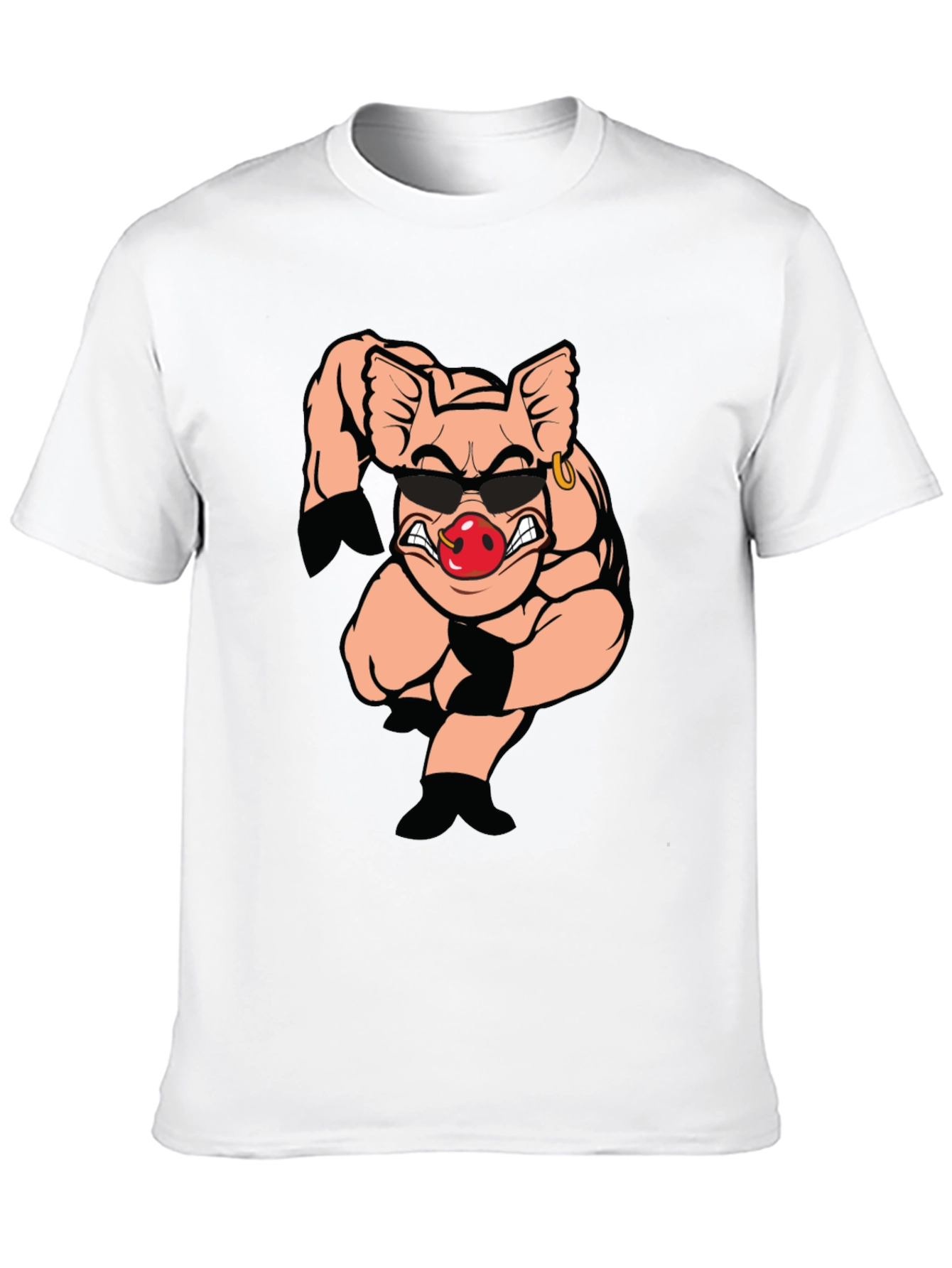 Black T-Shirt with Cartoon Pig Graphic