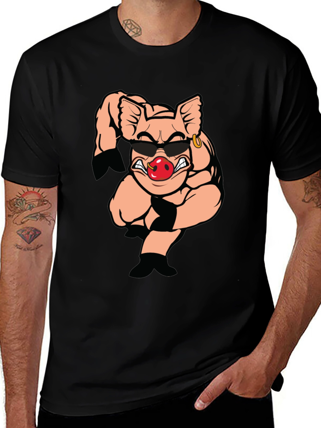 Black T-Shirt with Cartoon Pig Graphic