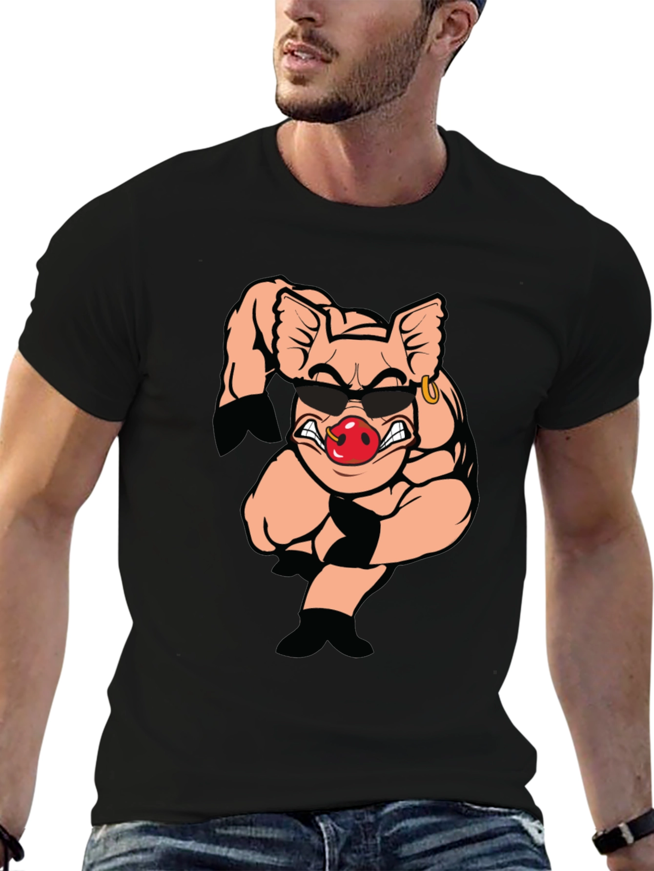 Black T-Shirt with Cartoon Pig Graphic