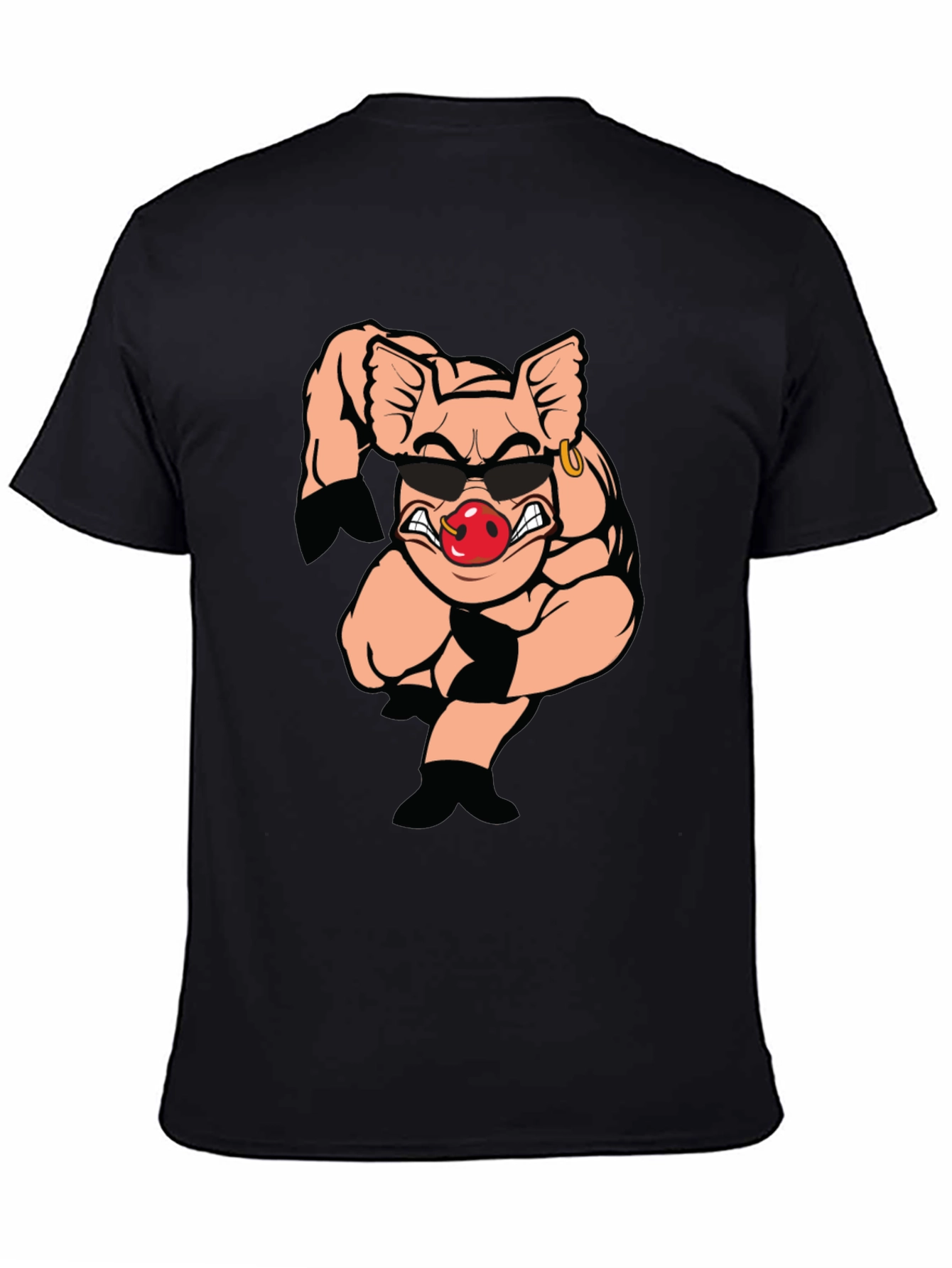 Black T-Shirt with Cartoon Pig Graphic