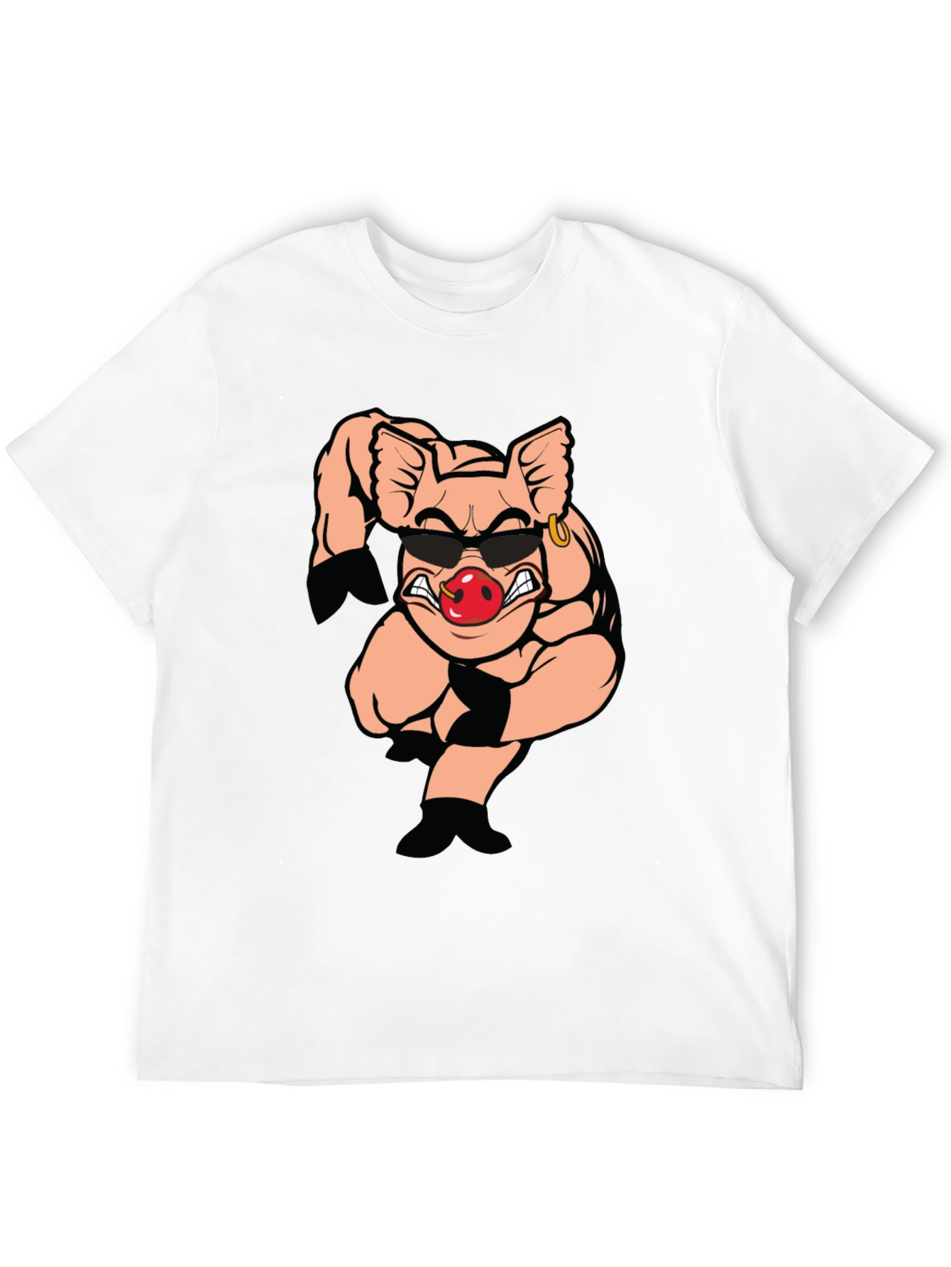 Black T-Shirt with Cartoon Pig Graphic