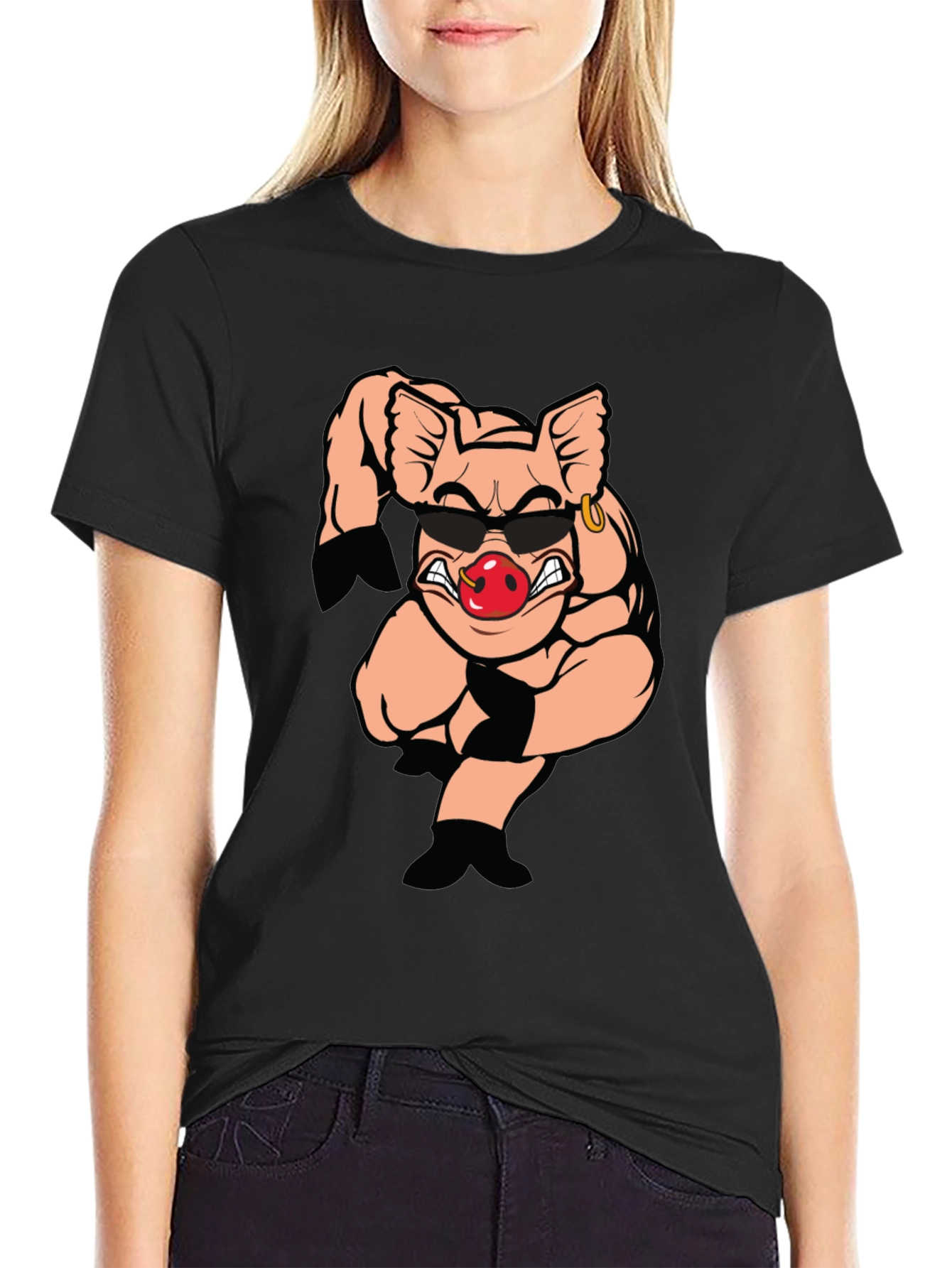 Black T-Shirt with Cartoon Pig Graphic