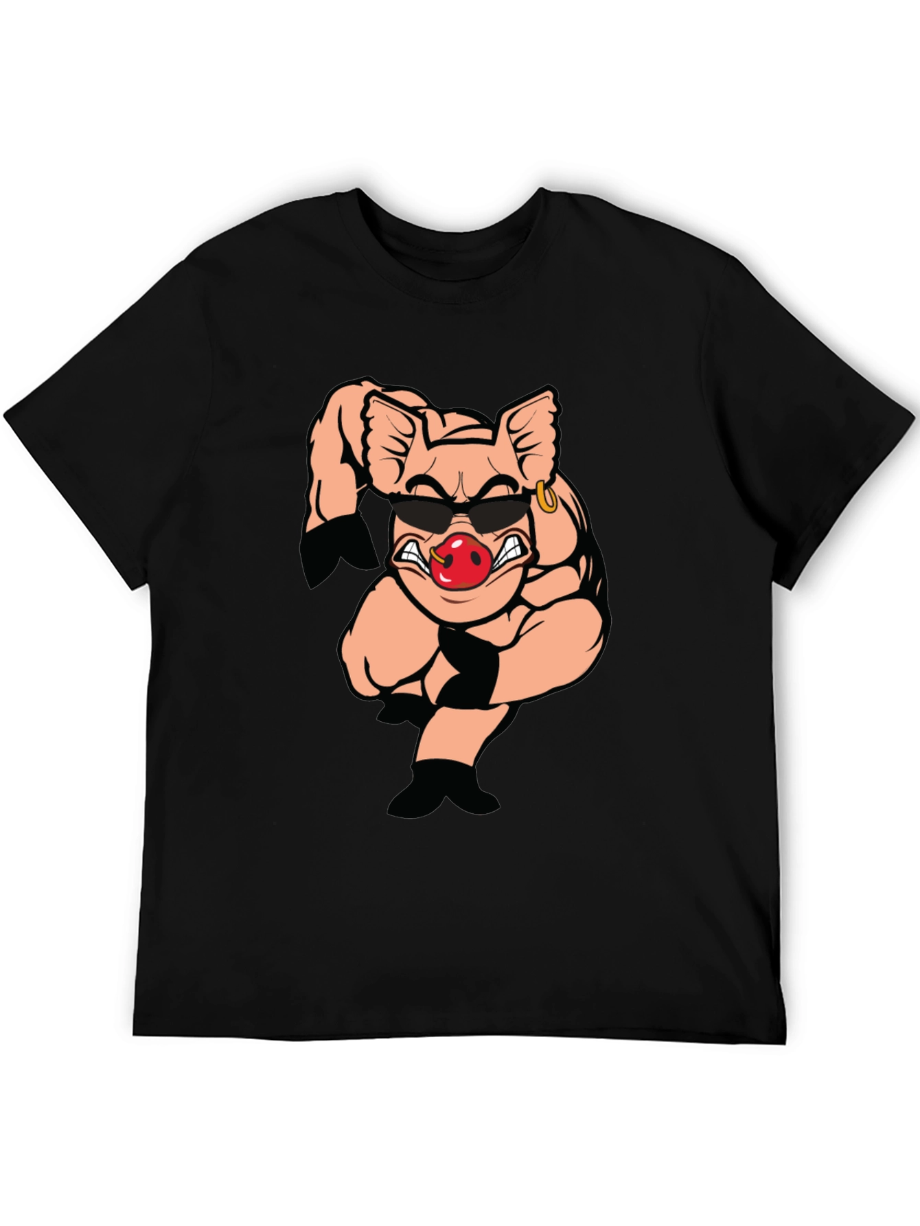 Black T-Shirt with Cartoon Pig Graphic