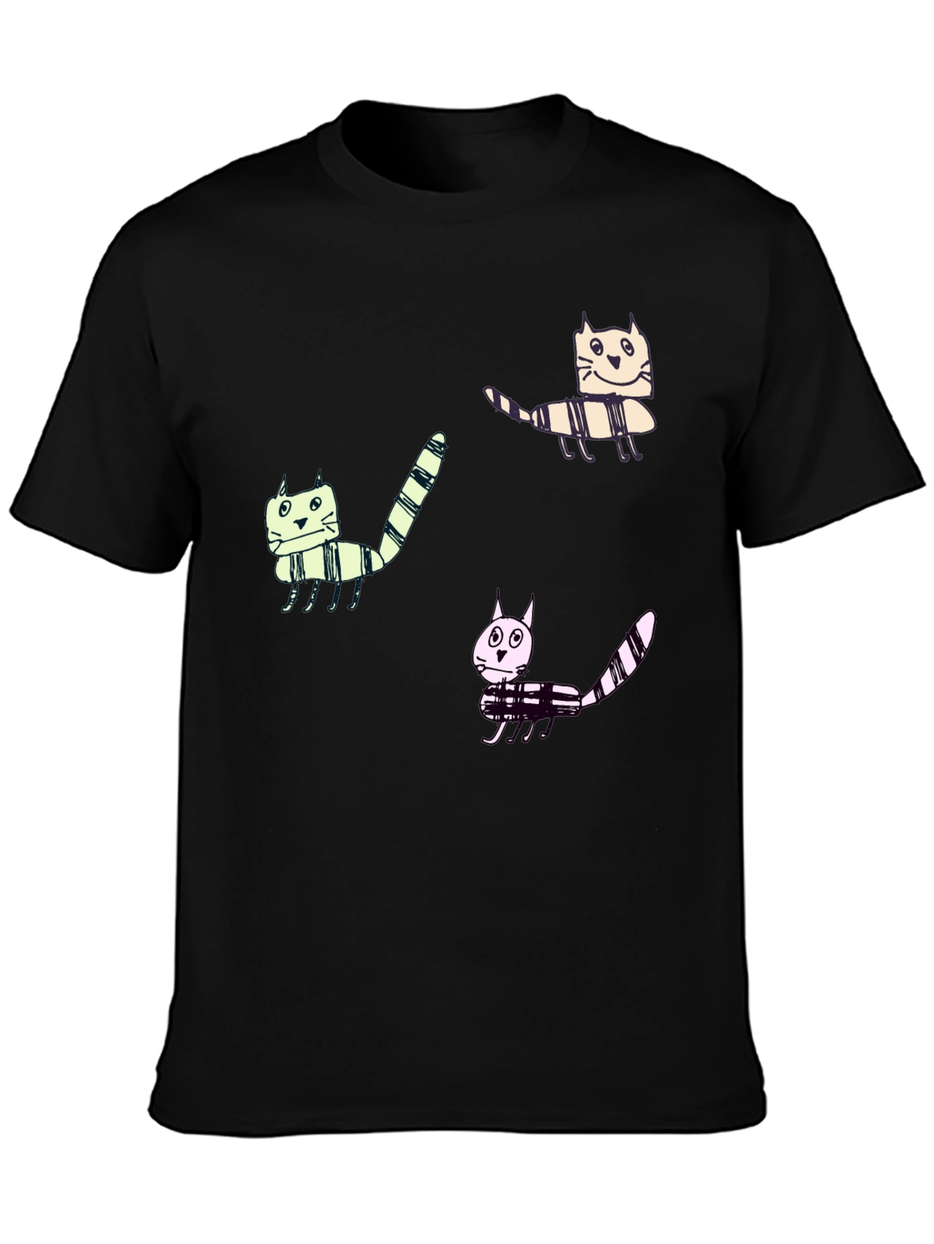 Whimsical Cat Print Black T-Shirt