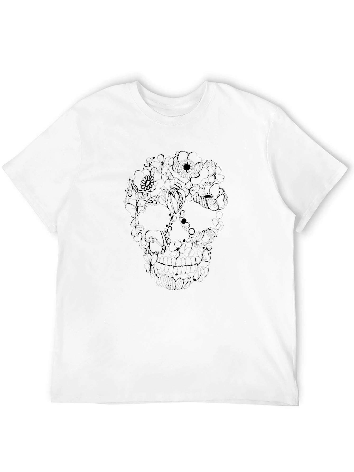Floral Skull Graphic Tee - Black Cotton T-Shirt