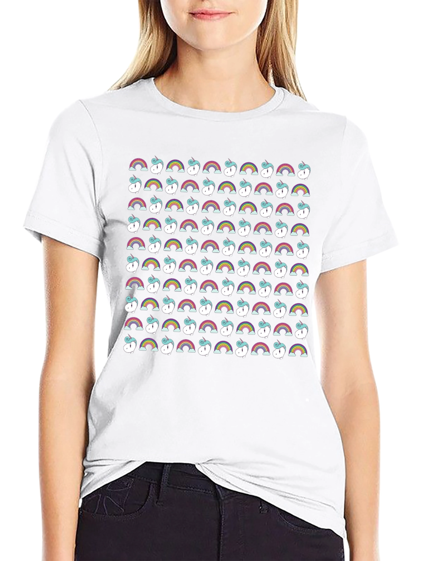 Rainbow Unicorn Pattern Black T-Shirt