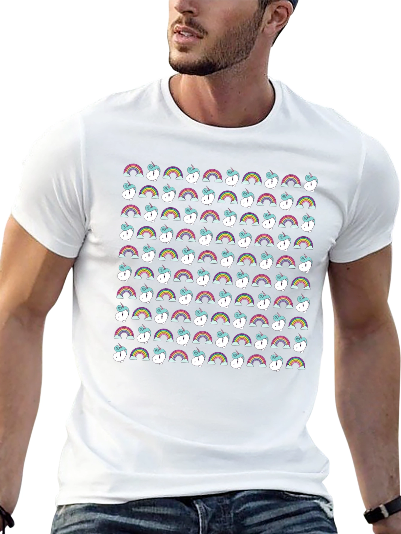 Rainbow Unicorn Pattern Black T-Shirt