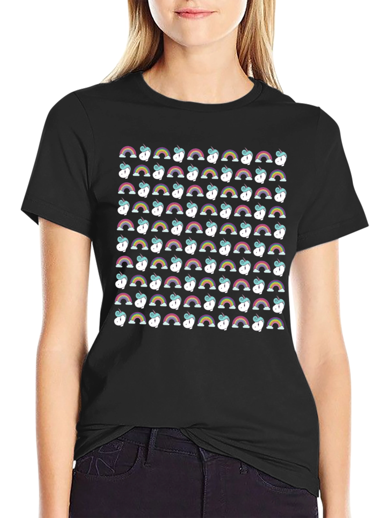 Rainbow Unicorn Pattern Black T-Shirt
