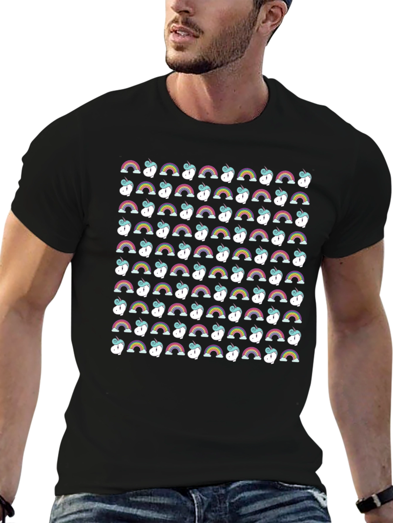 Rainbow Unicorn Pattern Black T-Shirt