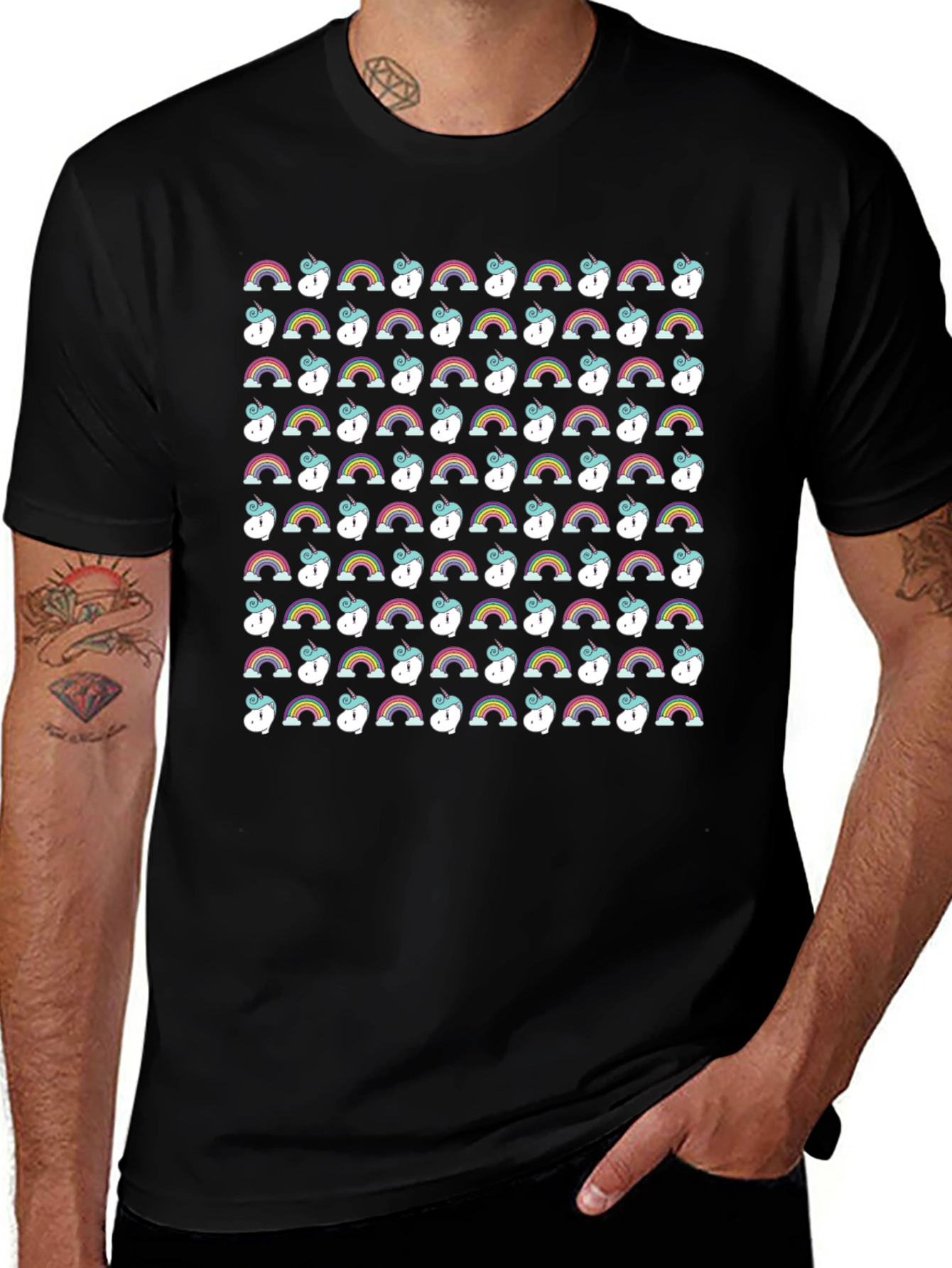 Rainbow Unicorn Pattern Black T-Shirt