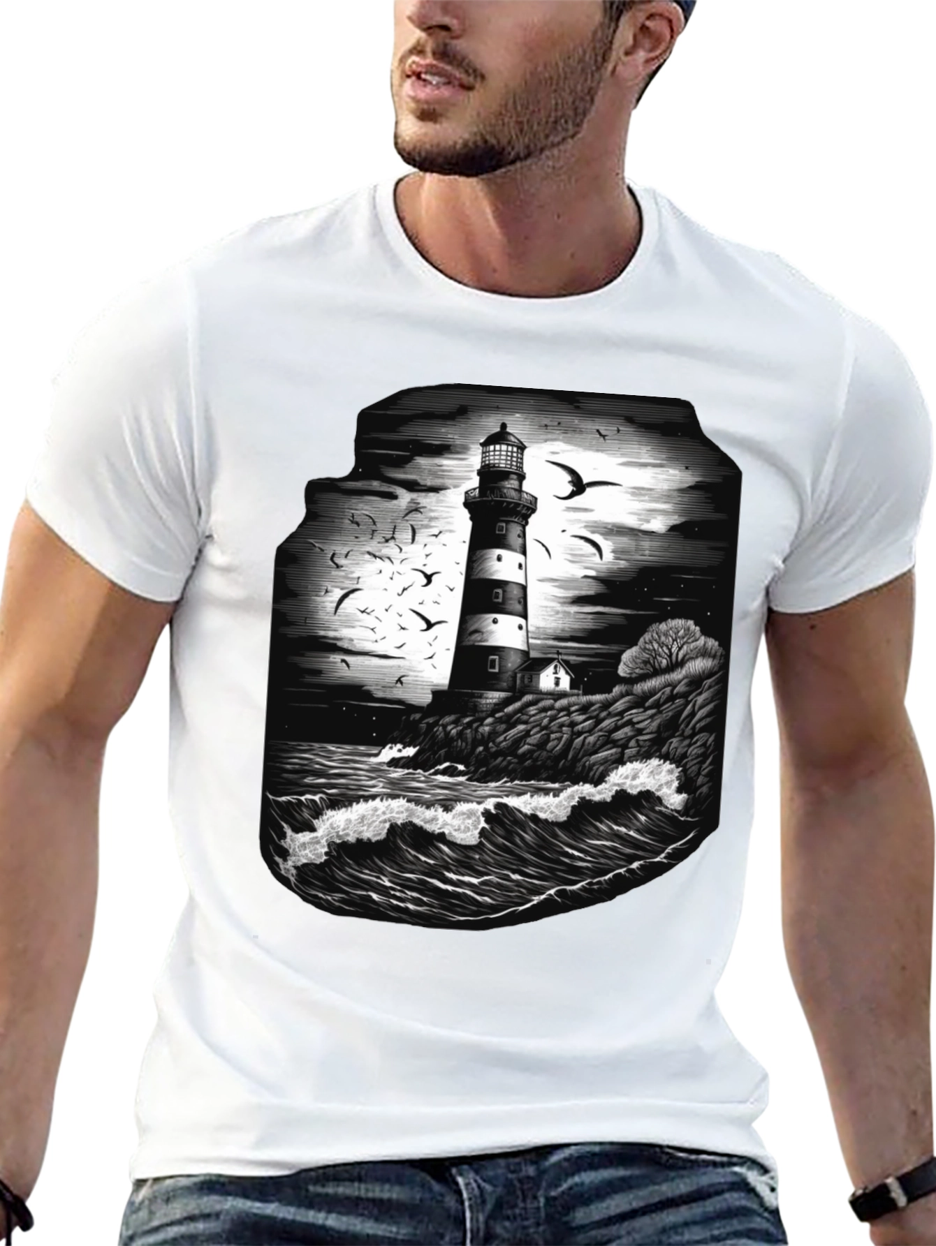 Lighthouse Graphic Tee - Coastal Ocean Scene Shirt