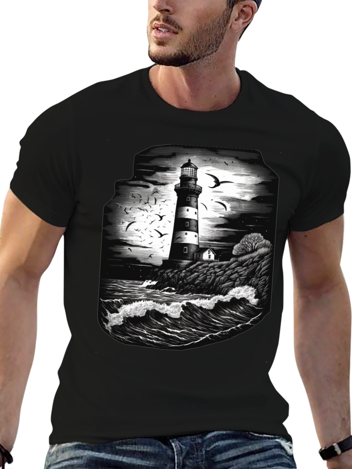 Lighthouse Graphic Tee - Coastal Ocean Scene Shirt
