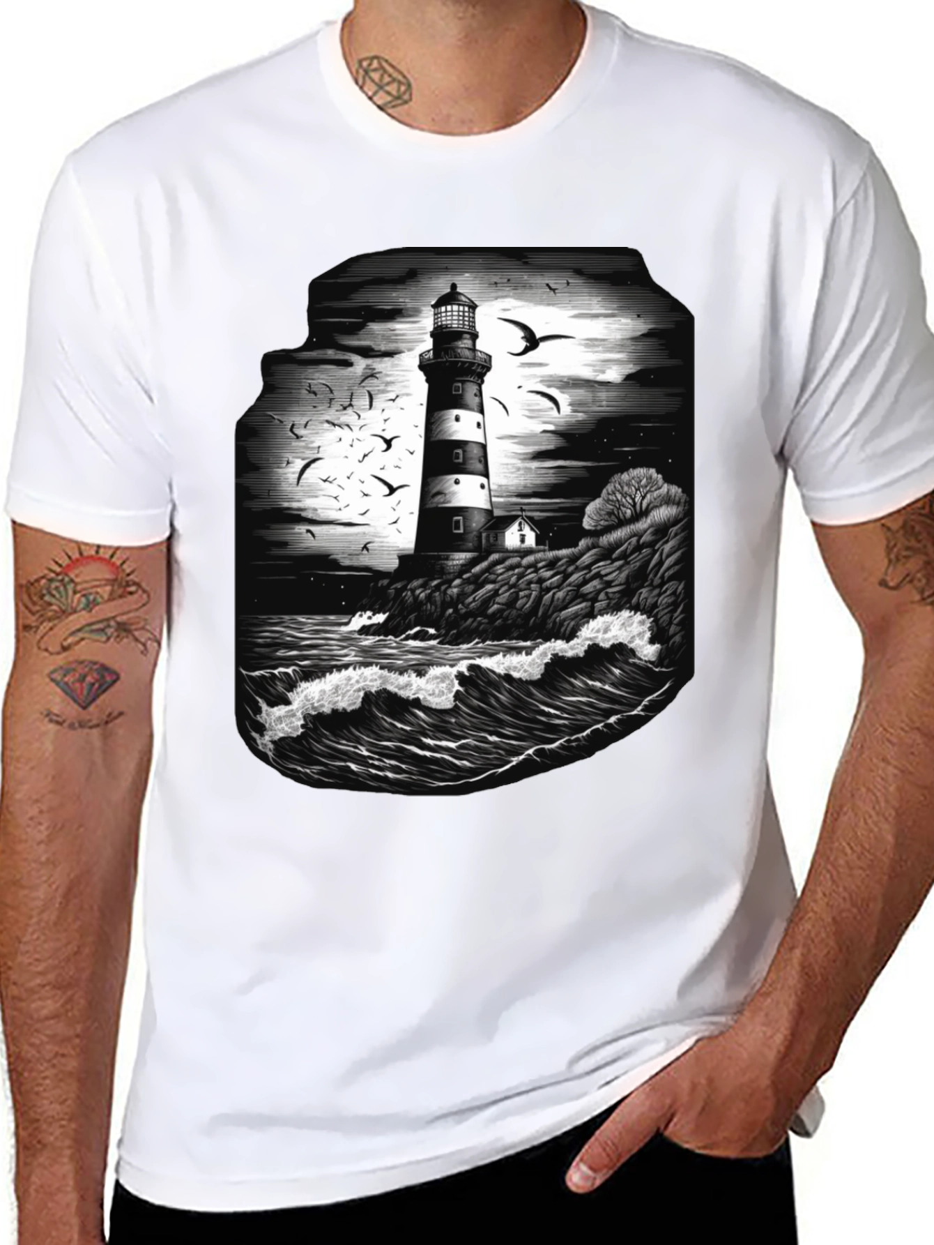 Lighthouse Graphic Tee - Coastal Ocean Scene Shirt