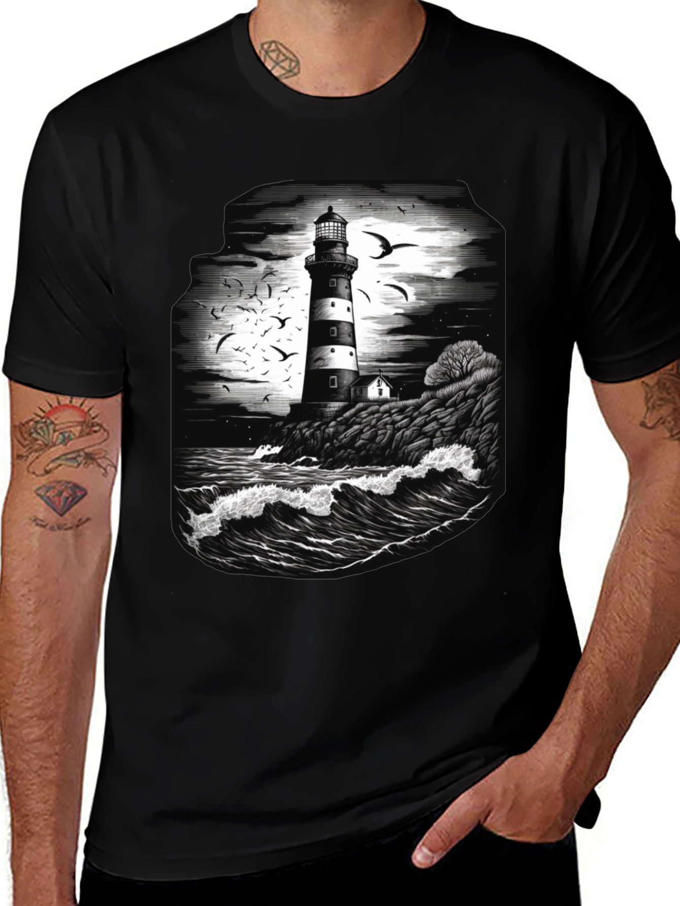 Lighthouse Graphic Tee - Coastal Ocean Scene Shirt