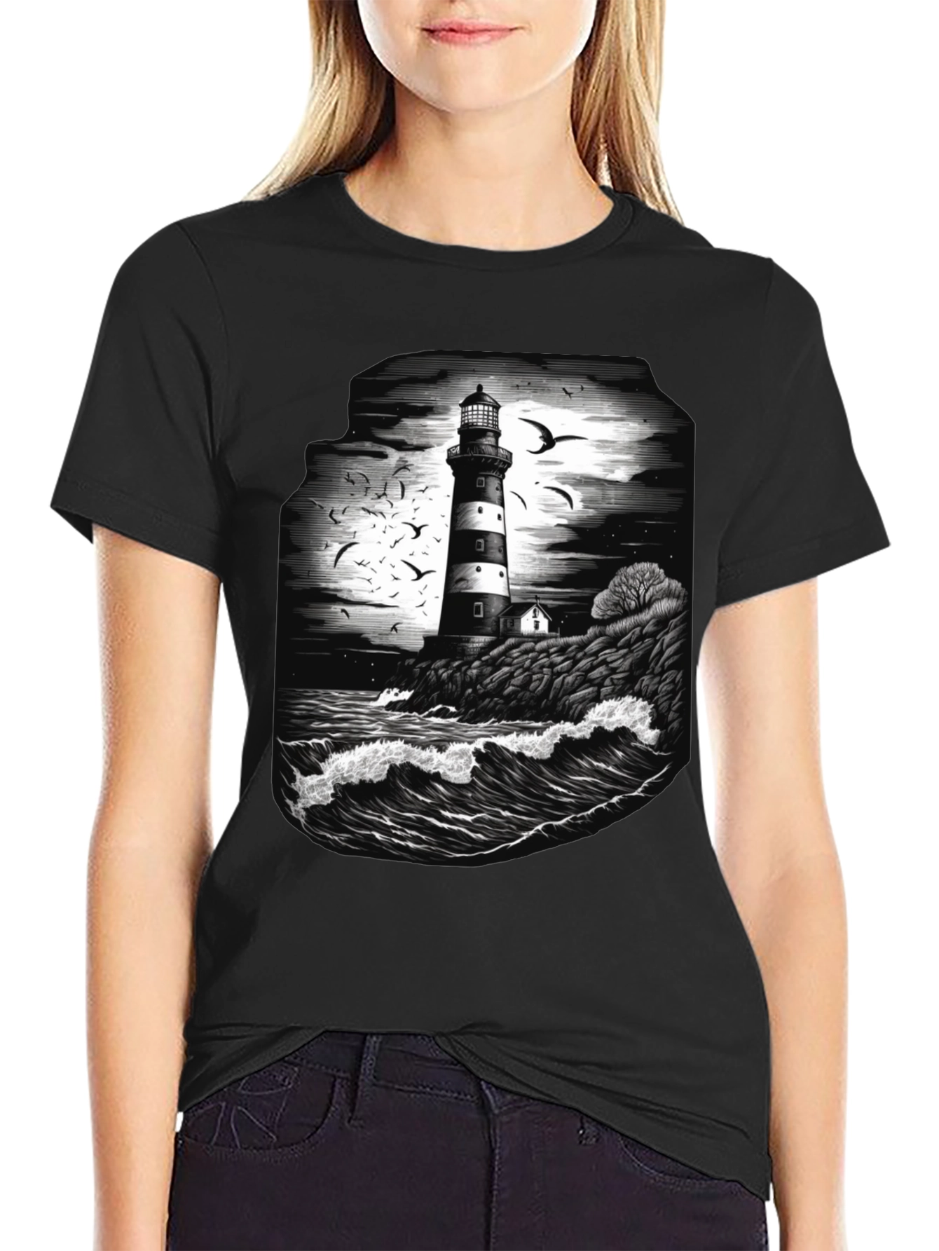 Lighthouse Graphic Tee - Coastal Ocean Scene Shirt