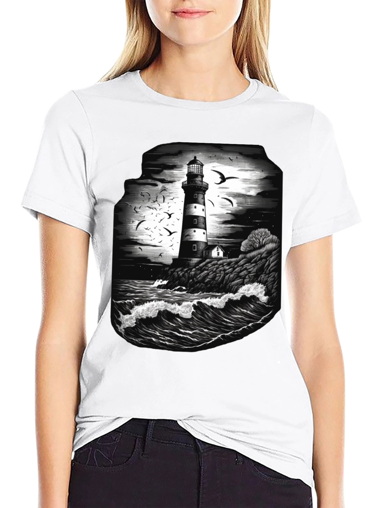 Lighthouse Graphic Tee - Coastal Ocean Scene Shirt