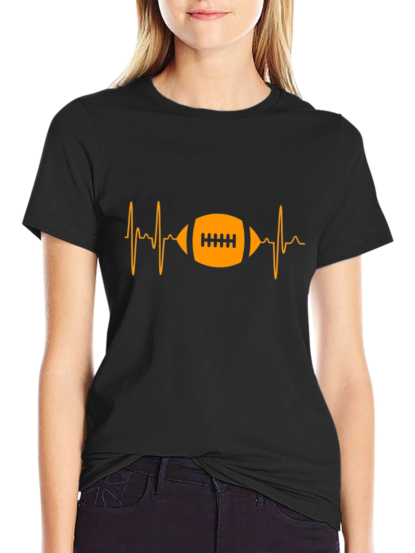 Football Heartbeat Graphic Tee - Black Cotton T-Shirt