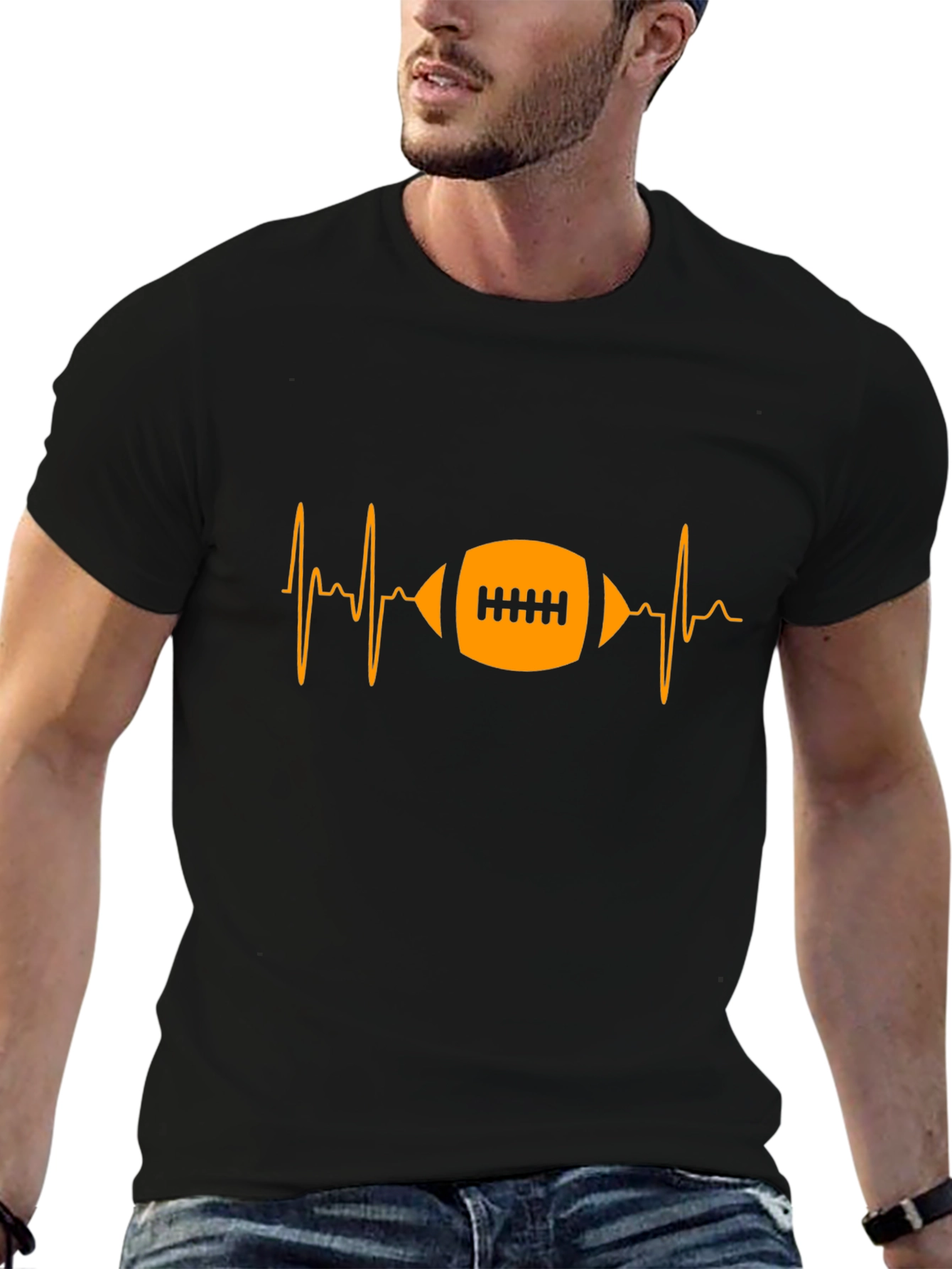 Football Heartbeat Graphic Tee - Black Cotton T-Shirt