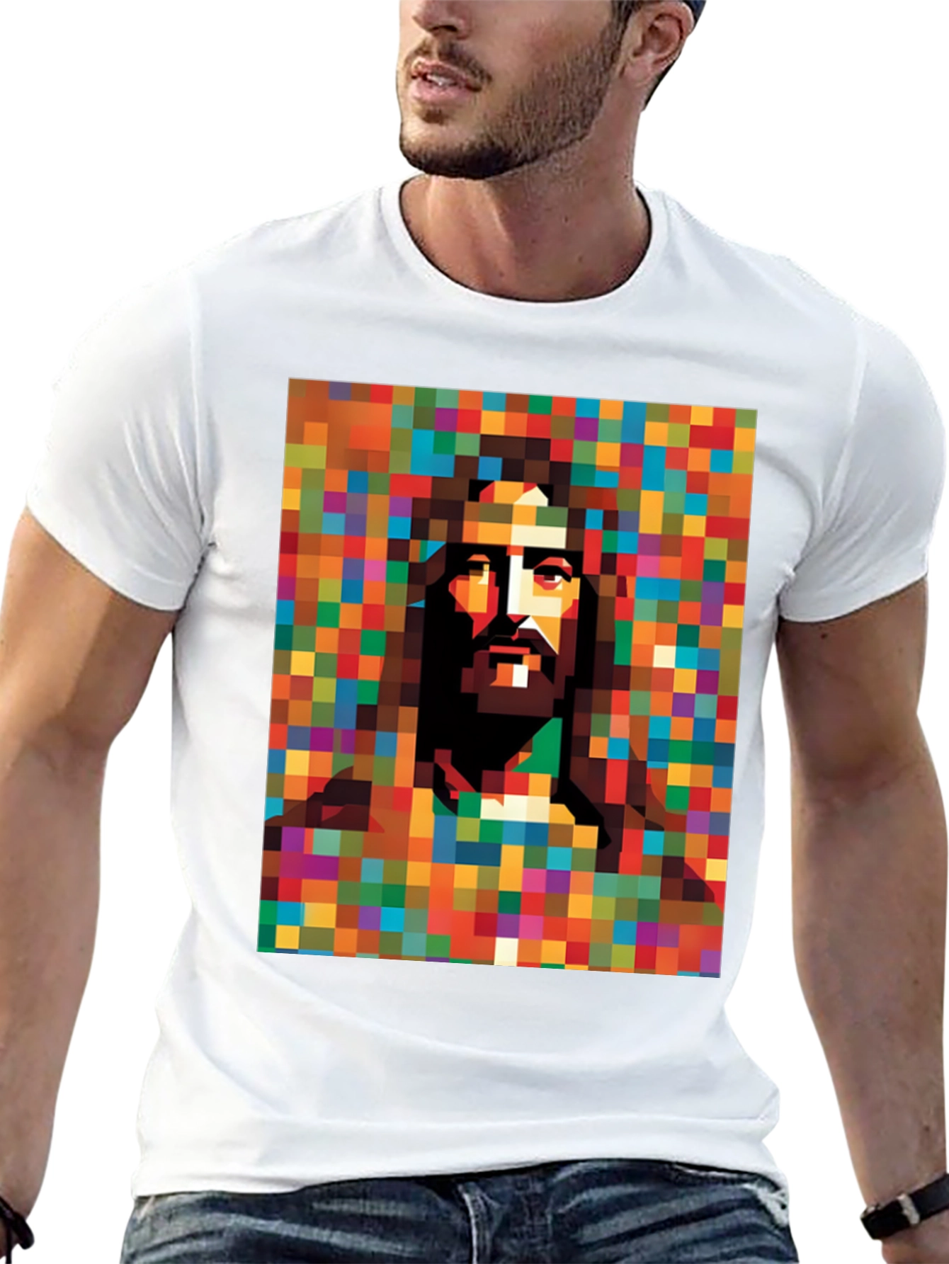 Pixelated Jesus Graphic Tee - Modern Religious Art