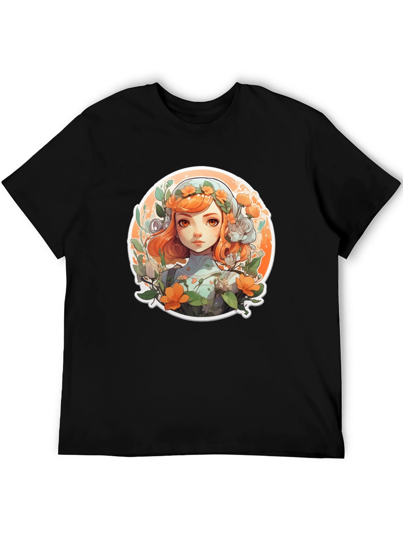 Floral Anime Girl T-Shirt - Black
