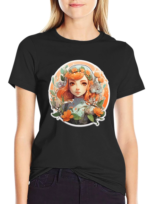 Floral Anime Girl T-Shirt - Black