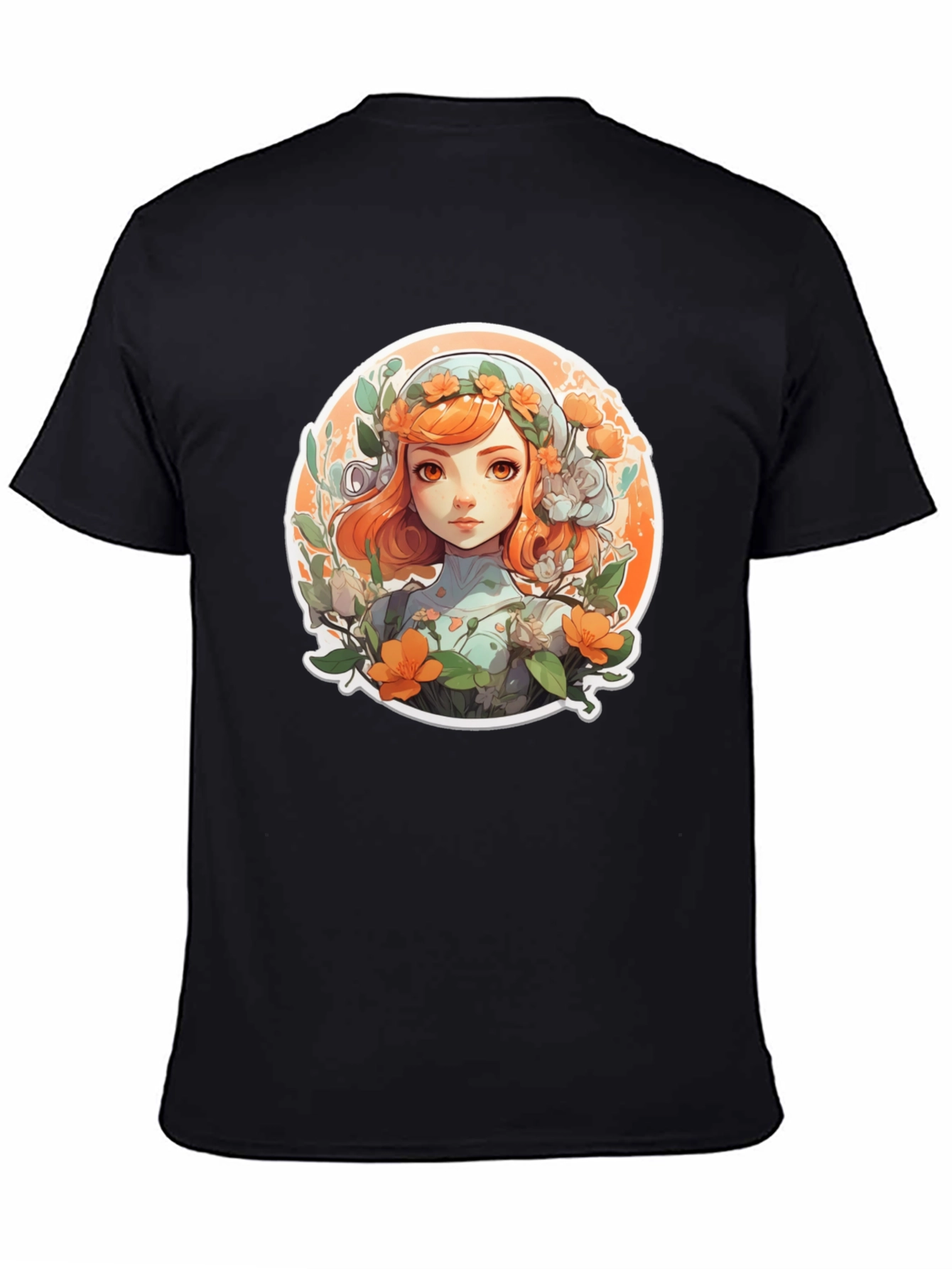 Floral Anime Girl T-Shirt - Black