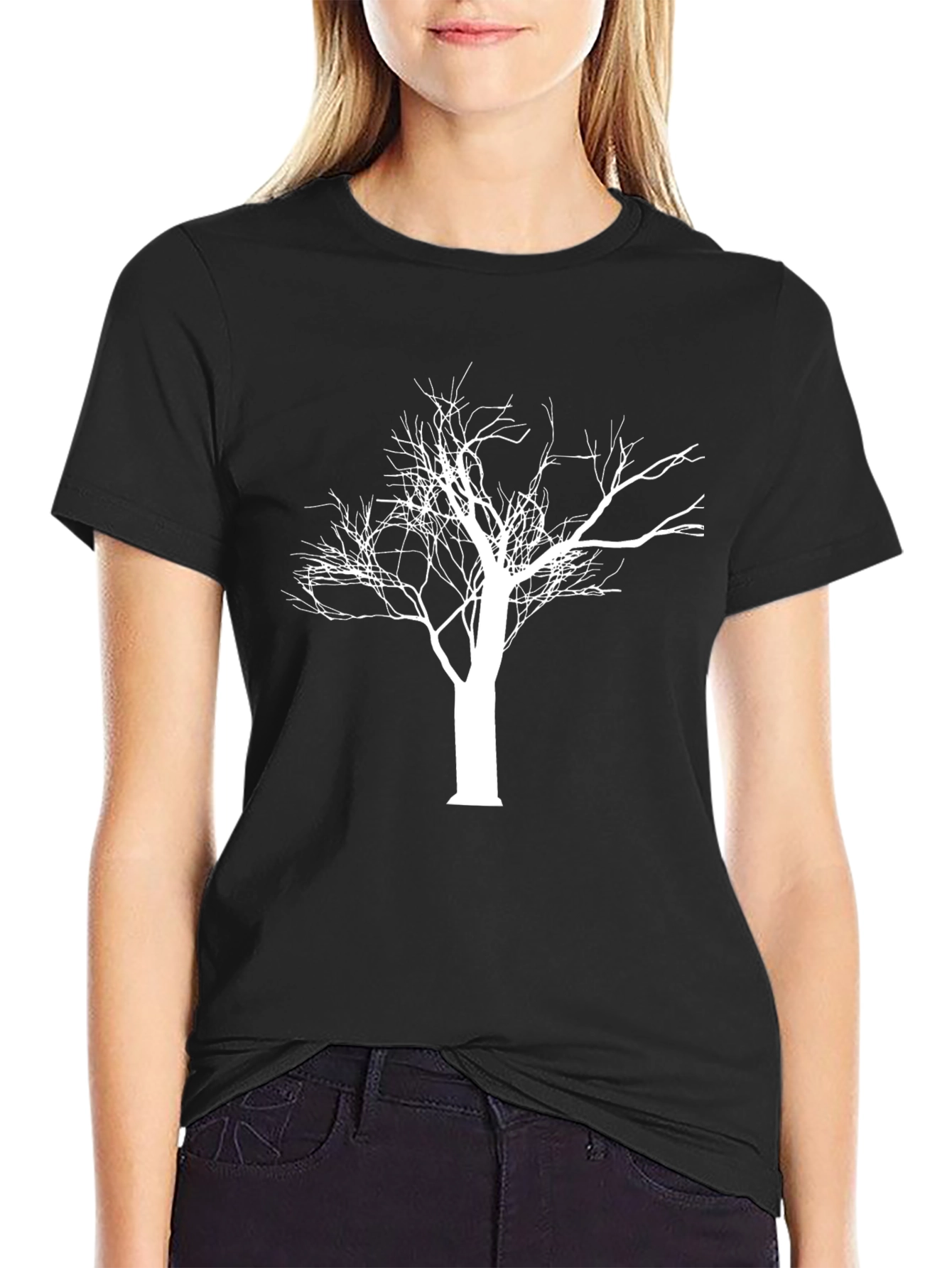 Black T-Shirt with White Tree Graphic