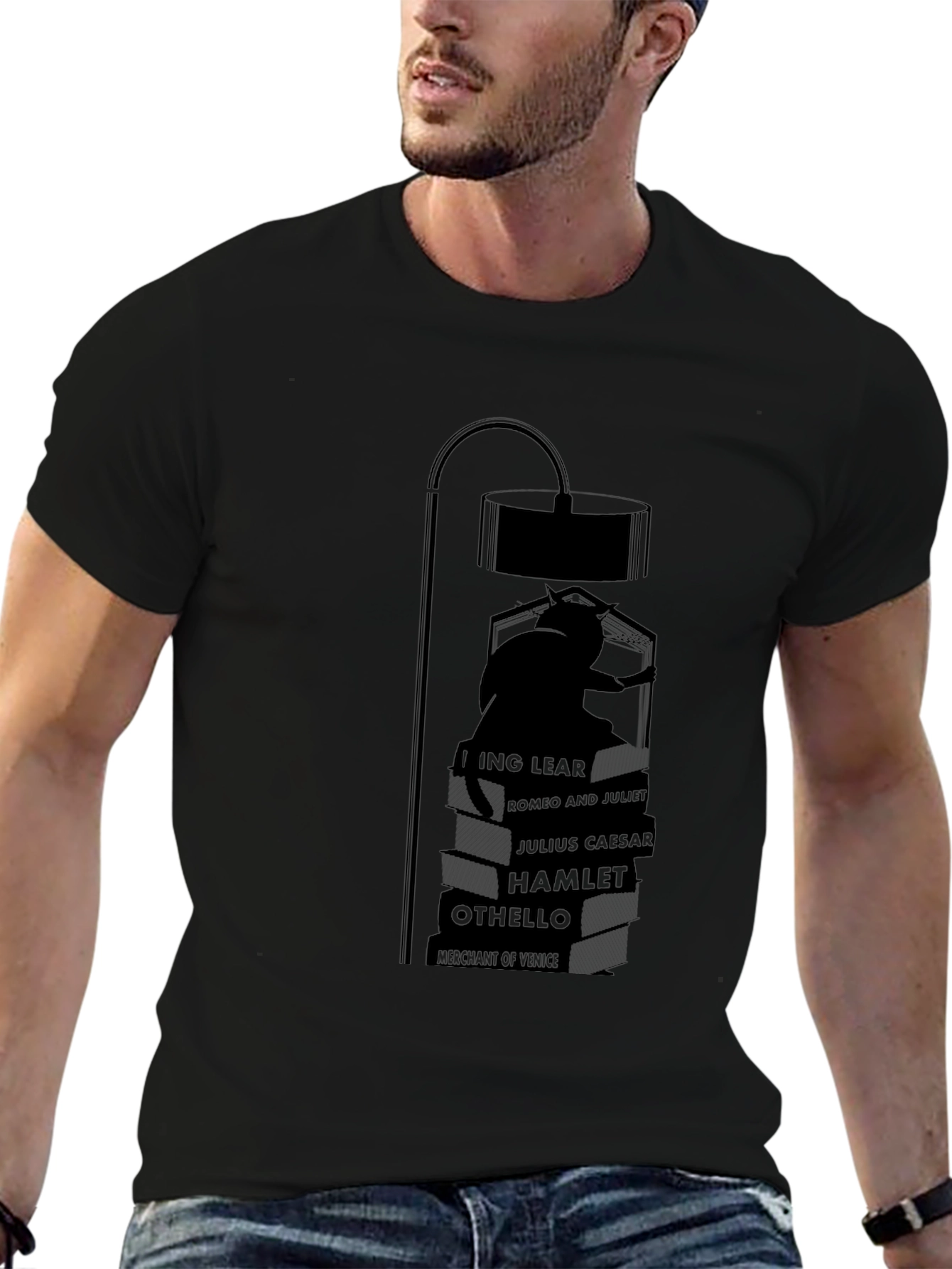 Literary Cat Lamp Black T-Shirt
