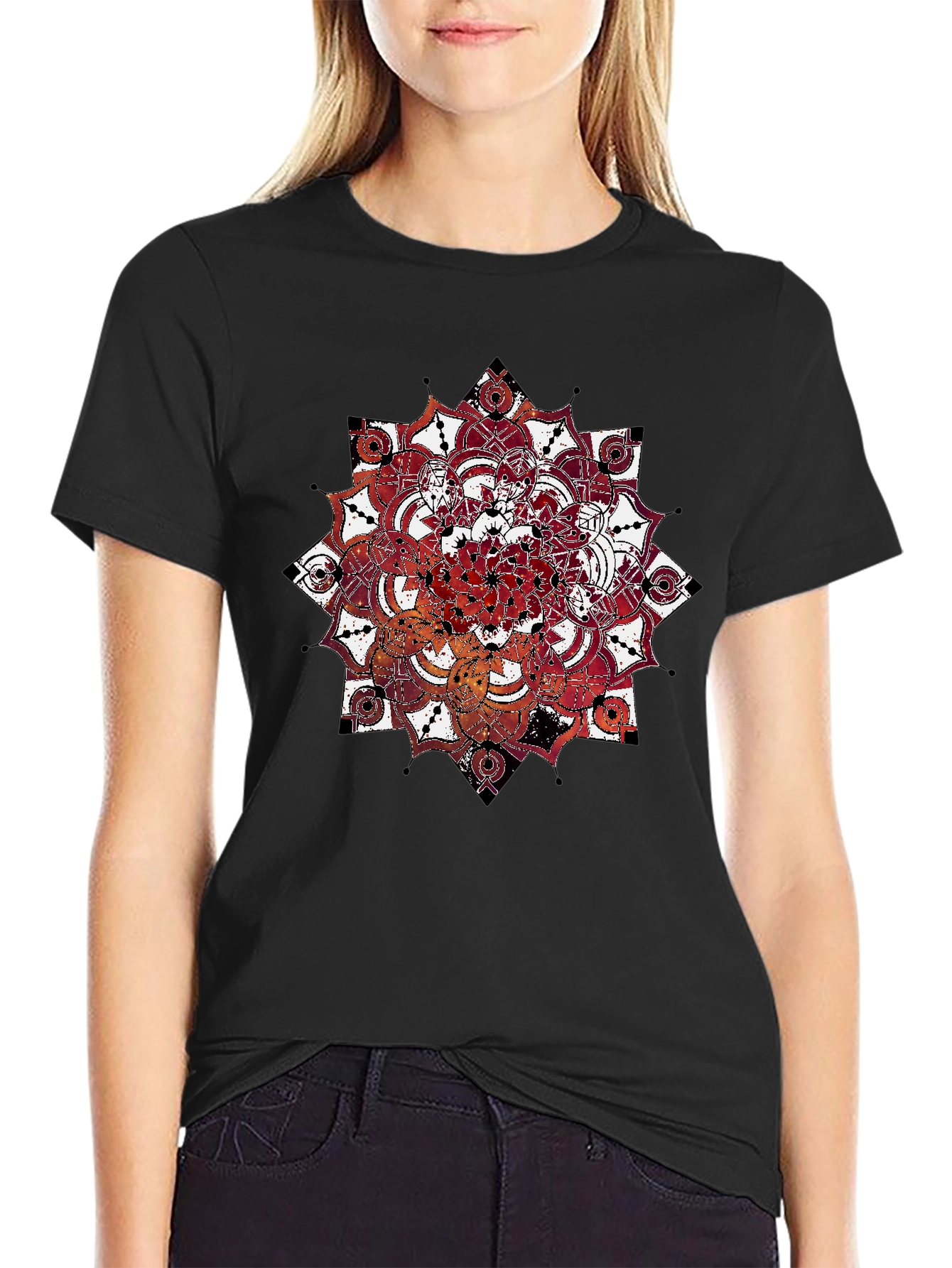 Mandala Print Black Crew Neck T-Shirt