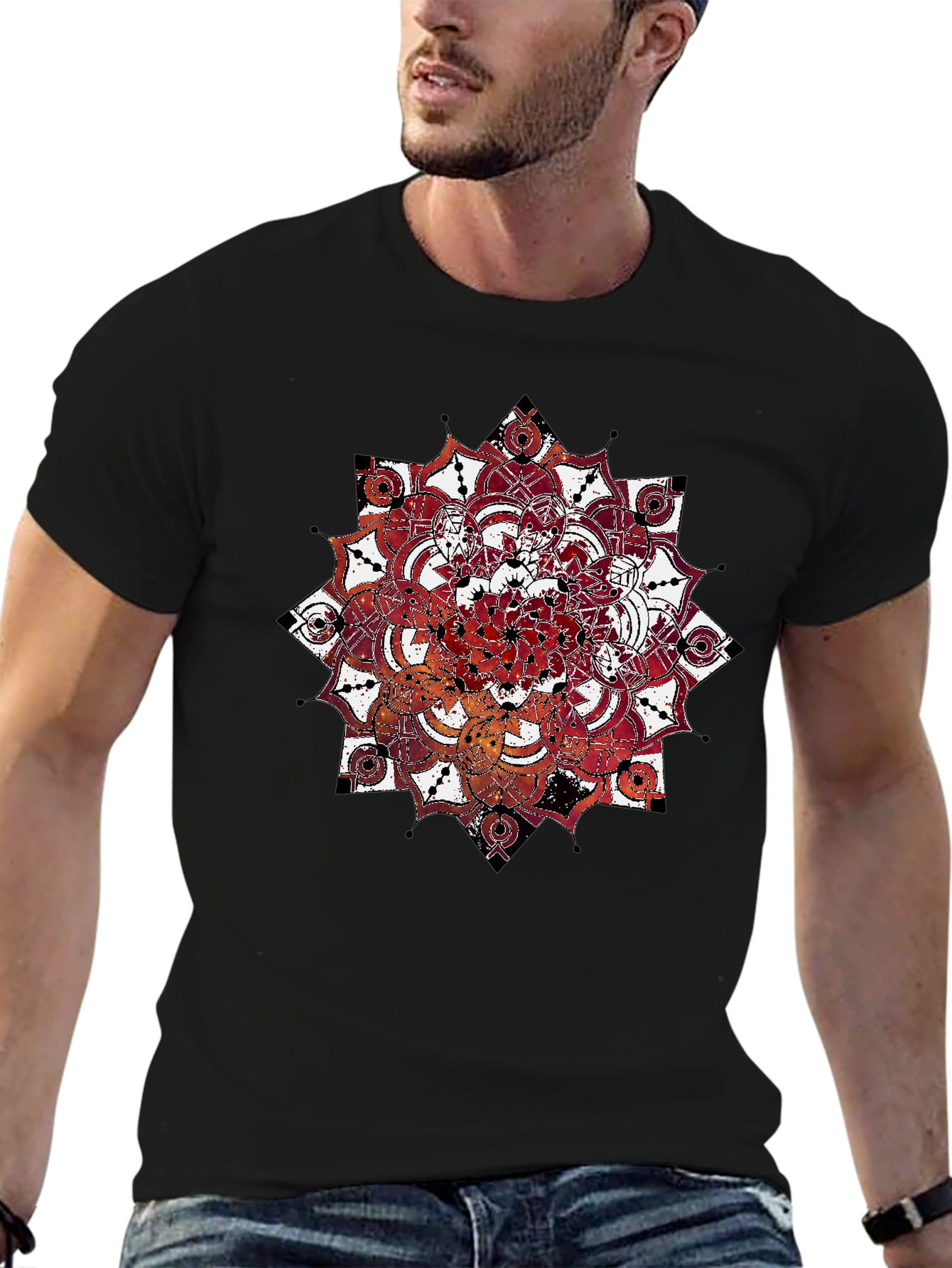 Mandala Print Black Crew Neck T-Shirt
